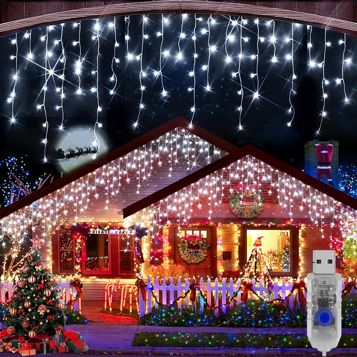 1pc icicle string light 8 modes waterproof usb powered led twinkle lights for patio garden tree fence yard party christmas holiday decorations details 0