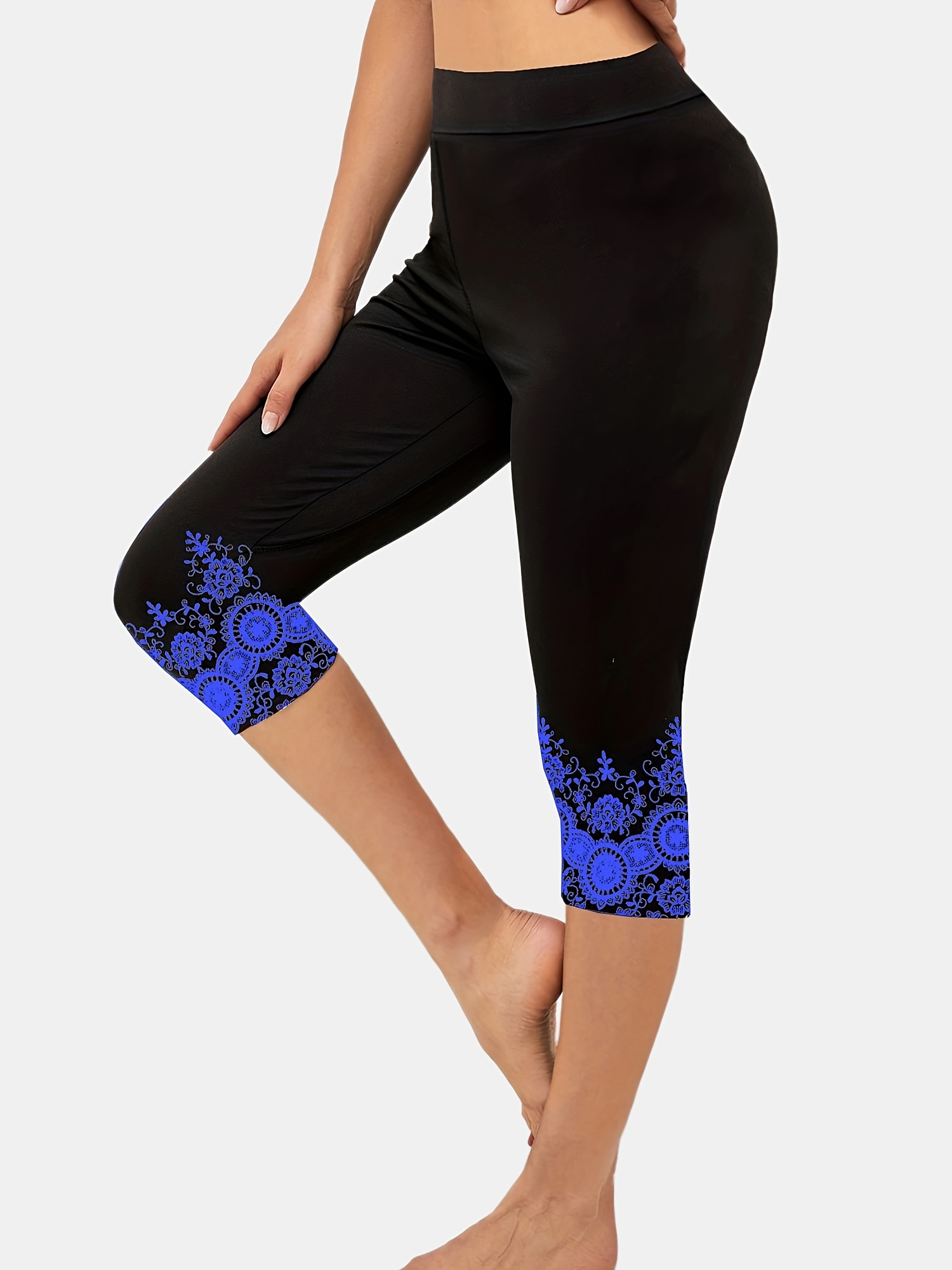 Women's High Waisted Pattern Leggings Capri Length Yoga Pants (Mid