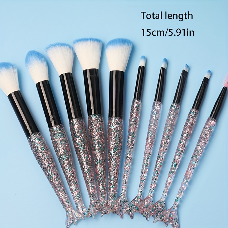Mermaid Makeup Brush Set 10PCS Crystal Plastic Handle Synthetic Bristles