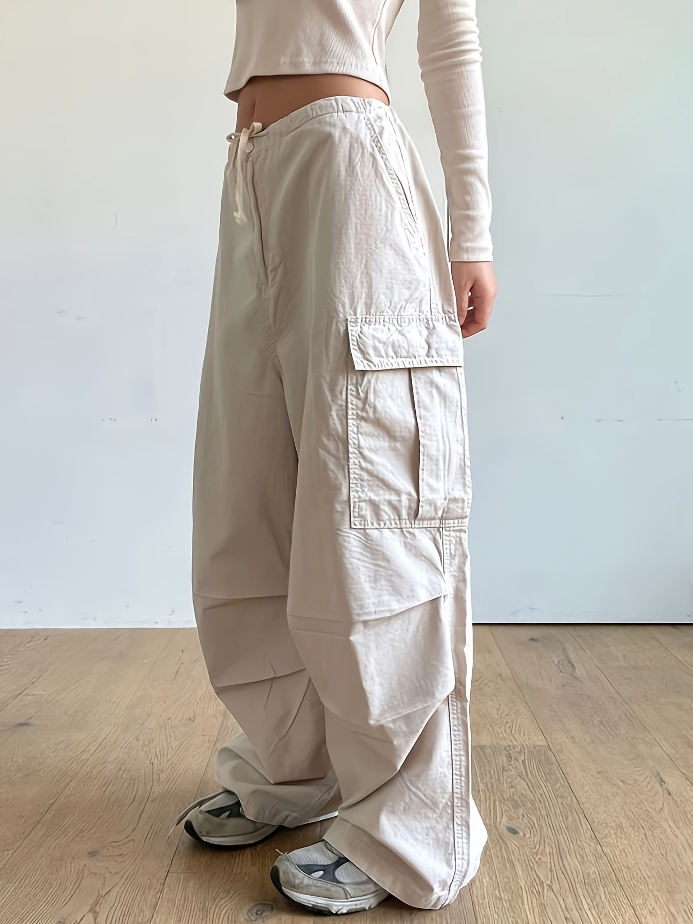 Solid Cargo Wide Leg Pants, Casual Loose Pocket Pants, Women's