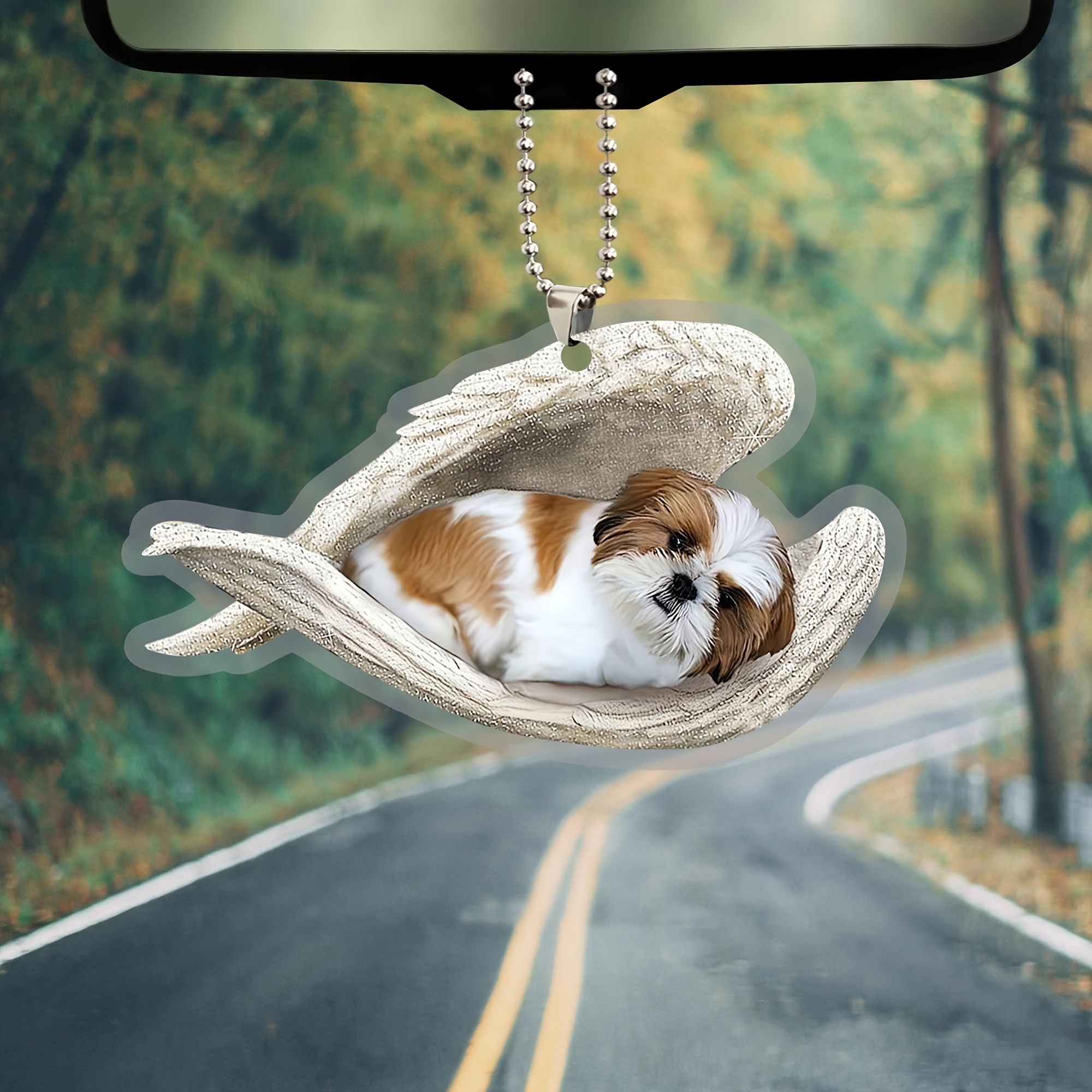 

1pc, Golden White Shih Tzu Sleeping Angel Shihtzu Animal Pet Dogs Car Ornament, 2d Flat Car Rear View Mirror Accessories, Rearview Mirror Charm
