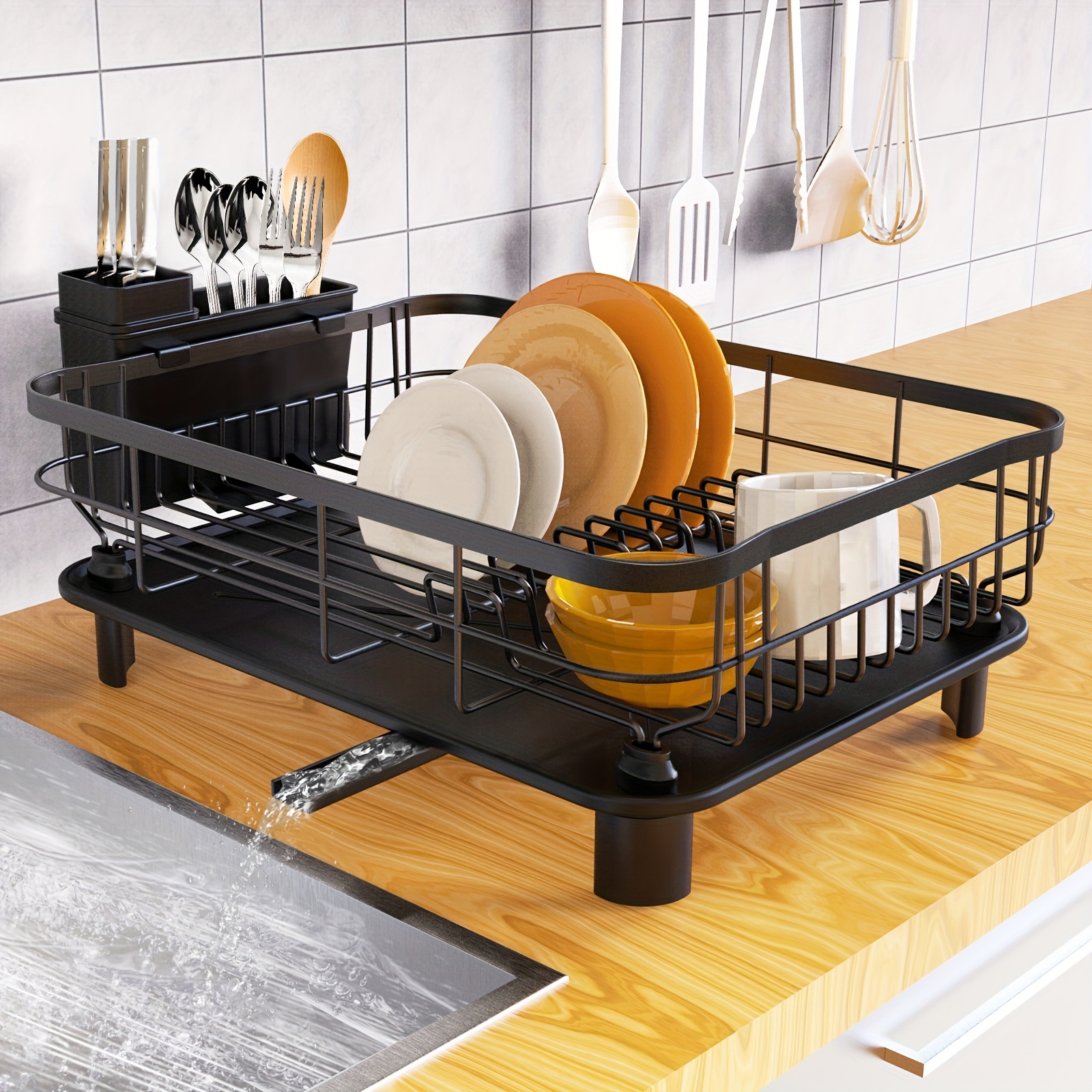 Dish Rack with Swivel Spout, Dish Drying Rack with Drainboard