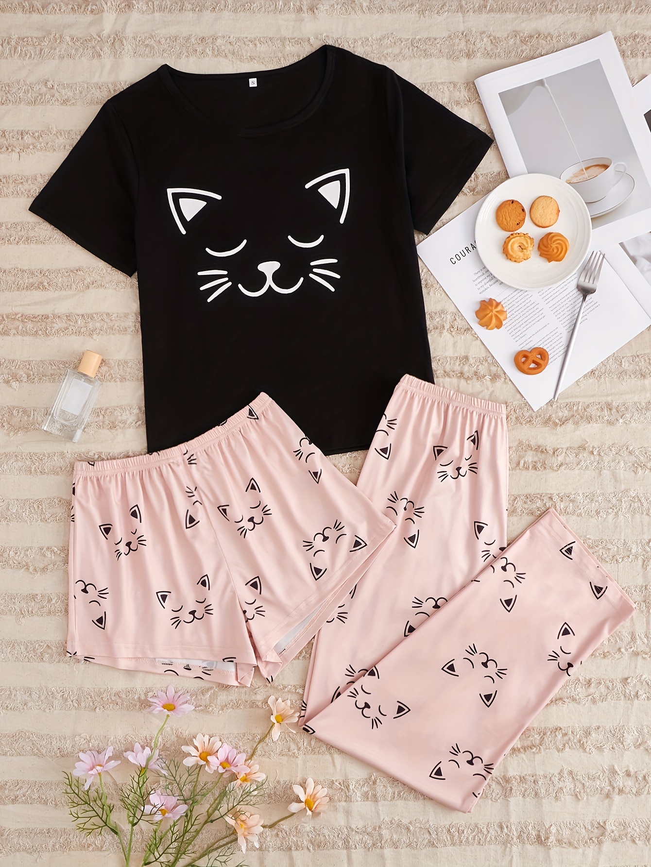 Cartoon Cat Print Pajamas Set Short Sleeve Crew Neck Top - Temu Canada