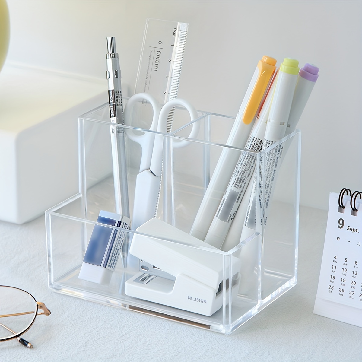 

1pc Acrylic Transparent Three-grid Pen Holder, Desktop Storage Box For Cosmetic & Stationary, Minimalist Multifunctional Desktop Storage Organization