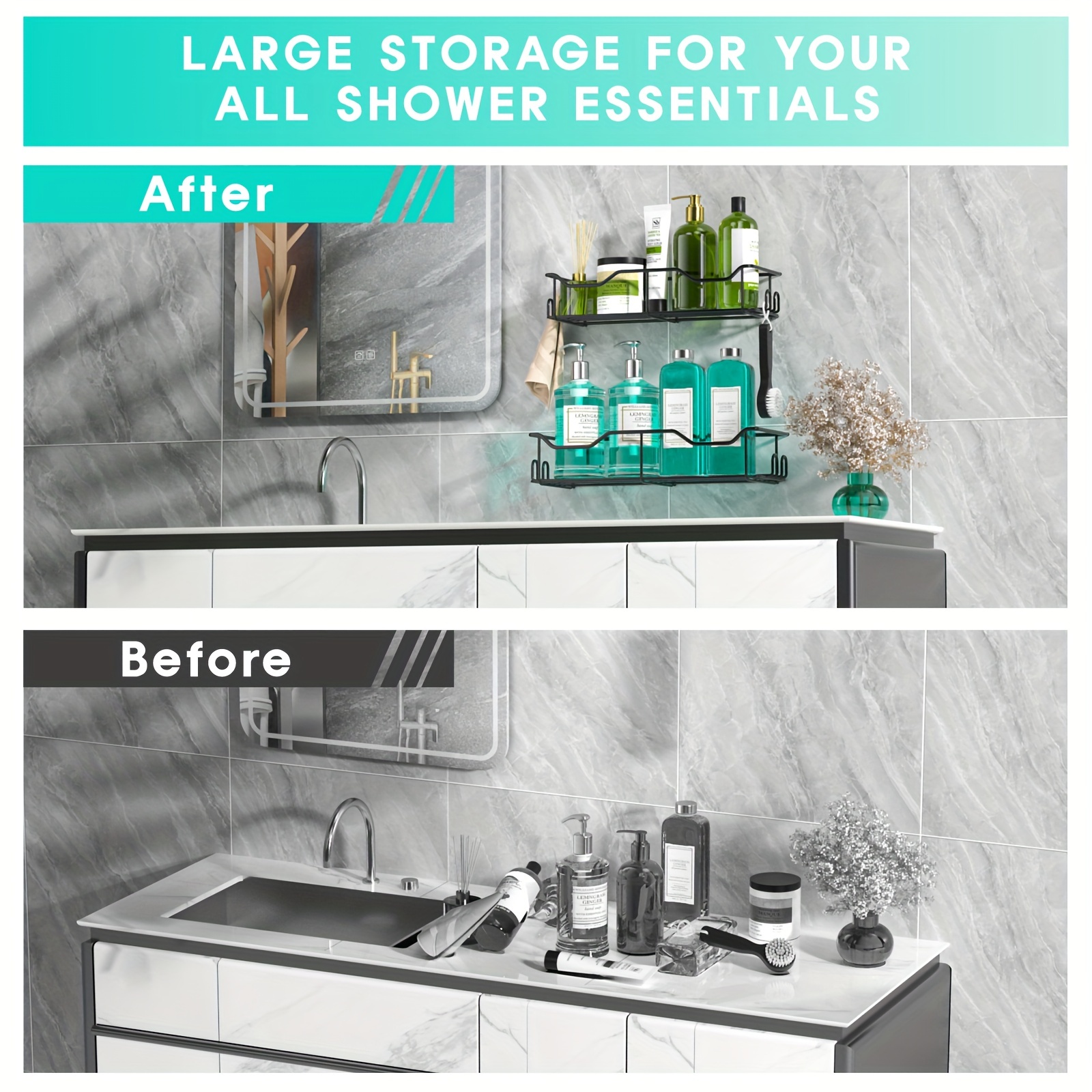 2PCS Shower Caddy Adhesive Shower Shelf for Bathroom Adhesive Kitchen  Storage Rustproof Storage Rack for Bathroom Wall Organizer