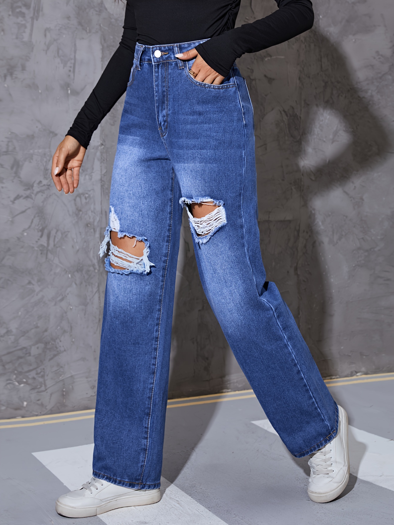 Blue Ripped Holes Straight Jeans Loose Fit High Waist Slant - Temu United  Arab Emirates