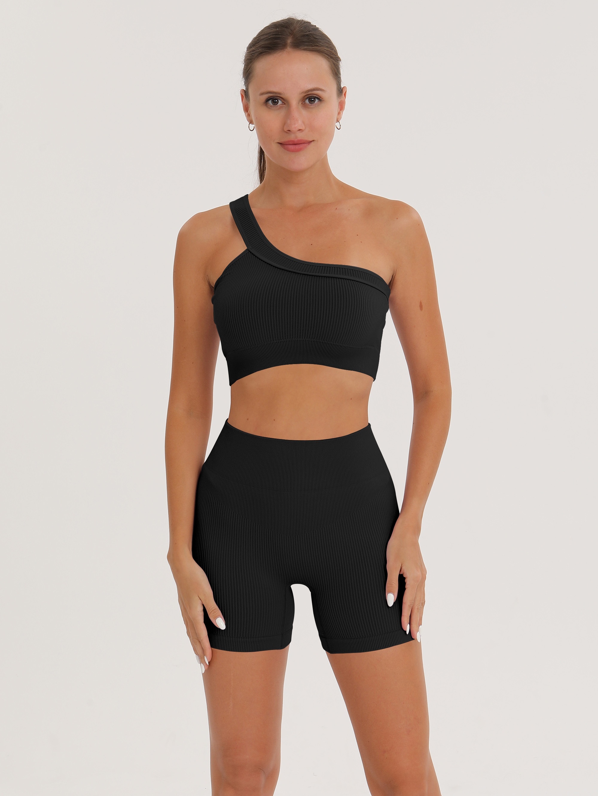 Solid Color Yoga Sports Sets Ribbed Crop Top High Waist Butt - Temu