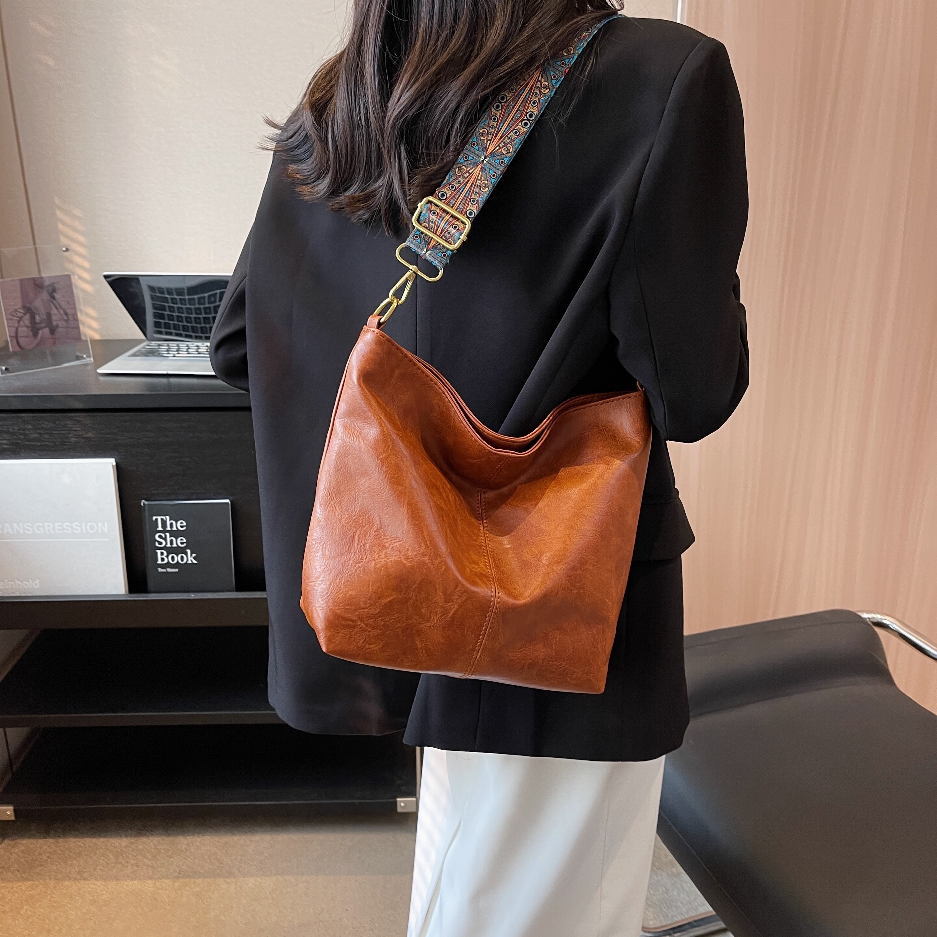 Brown Genuine Leather Top Handle Minimalist Bucket Bag with Wide Strap