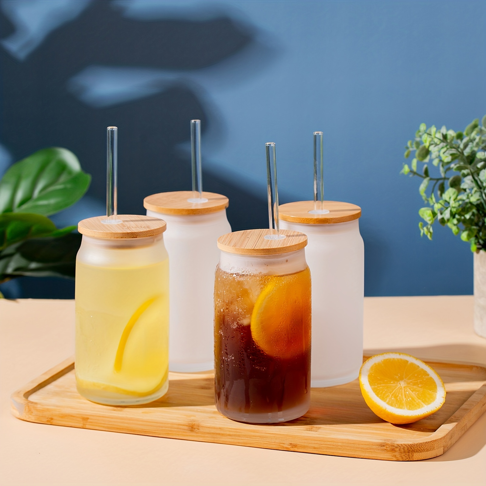 Can-Shaped Glass with Glass Straw and Bamboo Lid
