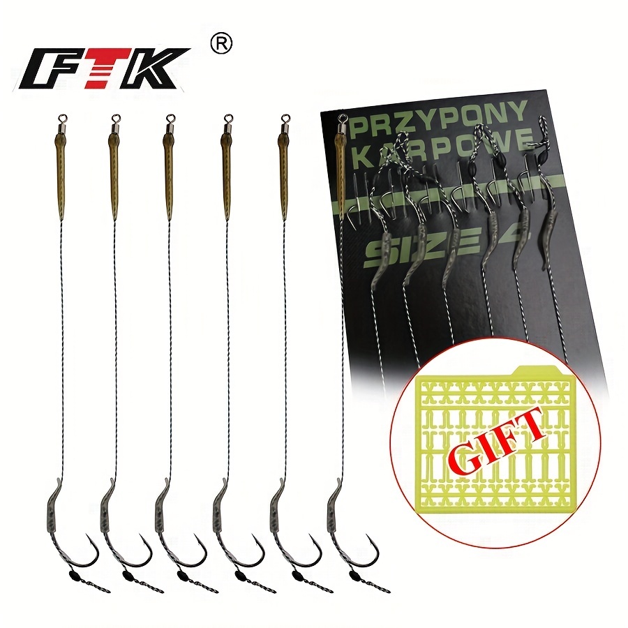 

6pcs Ftk Carp Fishing Hooks With Hair Equipment And Line - 18.5cm/7.28inch, 30-60lb, 2/4/6/8 # - Feeder Group Carp Hook Accessories