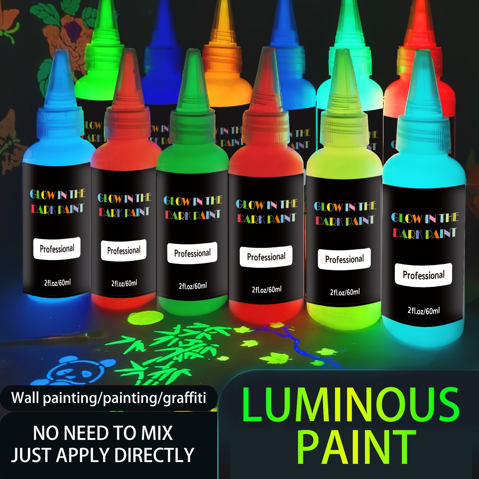 Pintura Neon Nights que brilla en la oscuridad, juego de 8 pinturas  acrílicas de 20 ml para uso en interiores y exteriores en lienzo y paredes