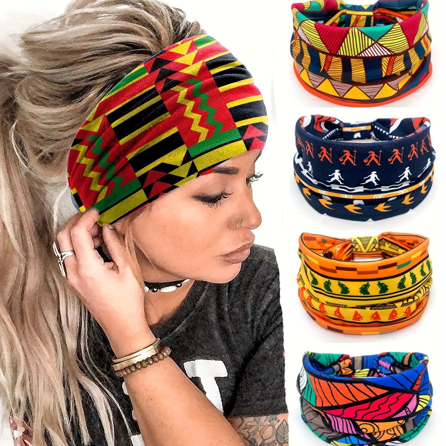 Color Block Printed Sports Headband Ethnic Style Wide - Temu