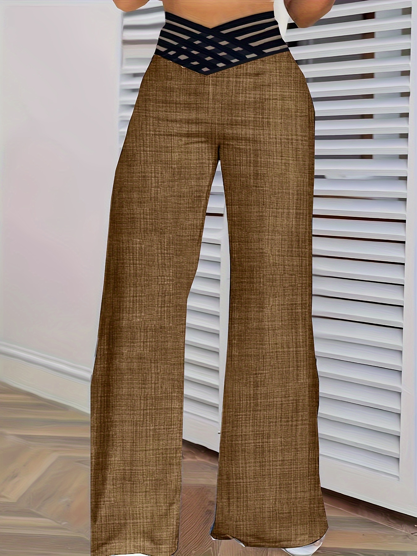 Women's Pants Pockets High Cross Waist Wide Leg Solid Color - Temu