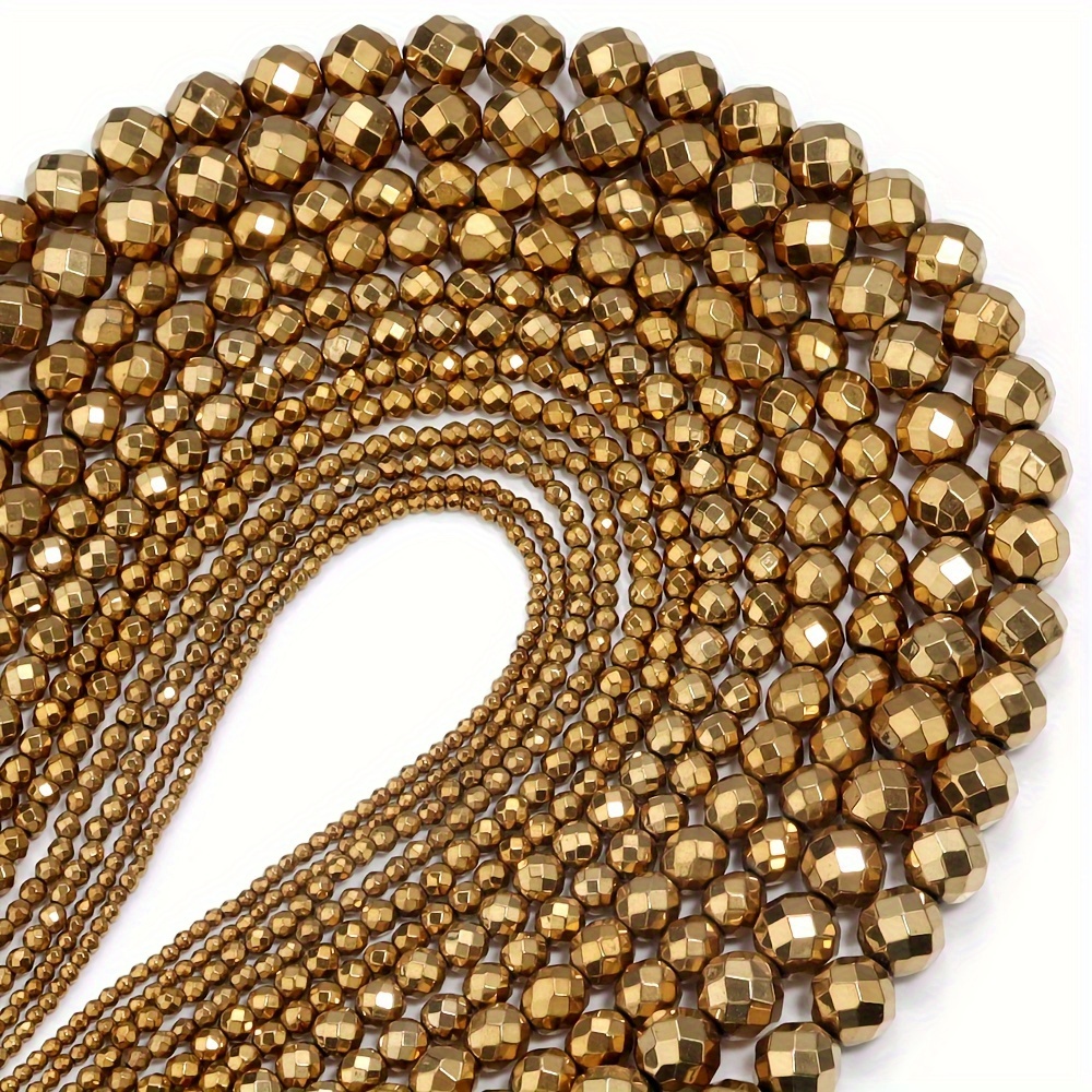 

1 Strand Hematite Large Faceted Round Beads, Vacuum Golden-plated For Diy Jewelry Making Bracelet, Necklace Crafts Accessories