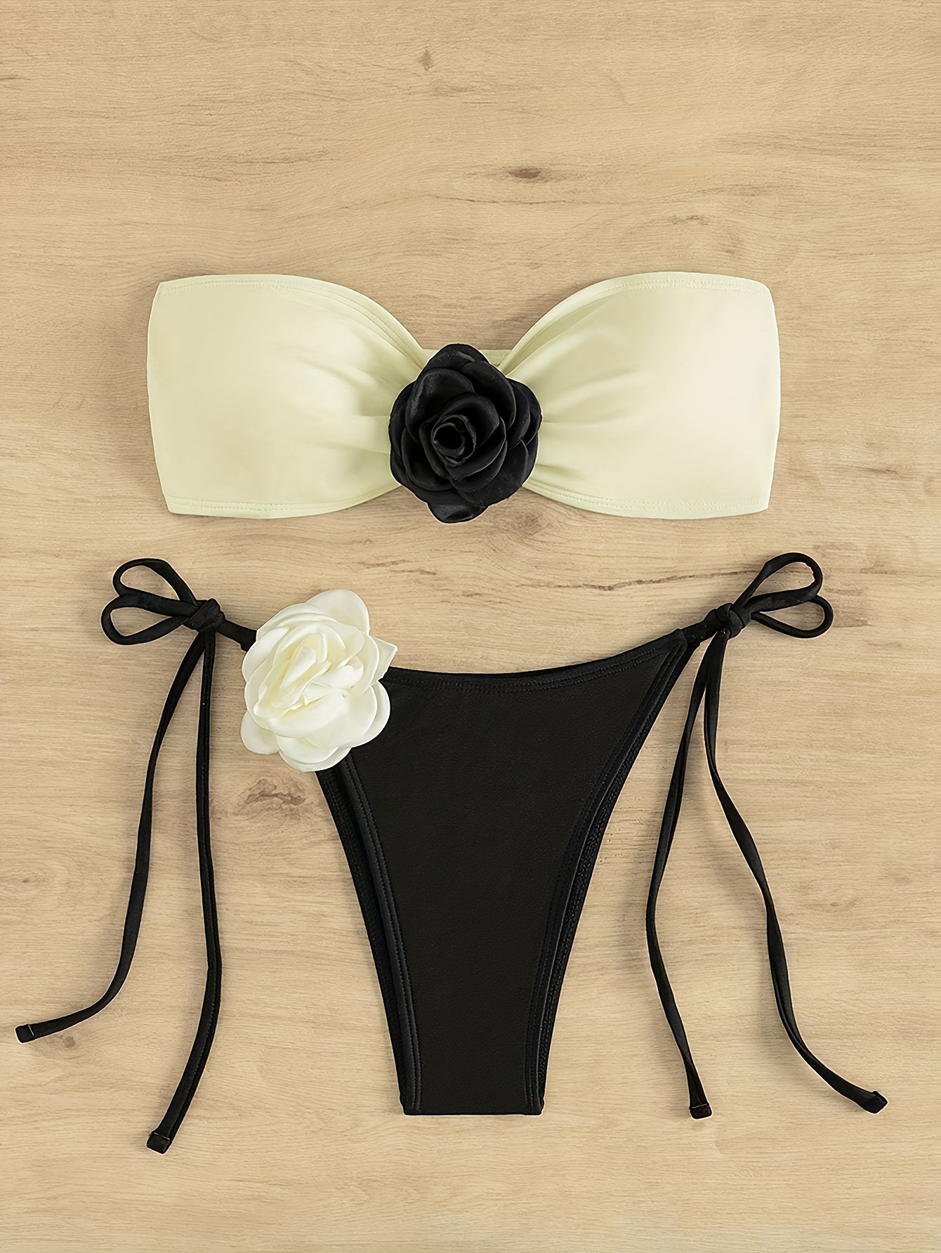 3d Flower Applique Decor Bandeau Bikini Color Block Tie Side - Temu