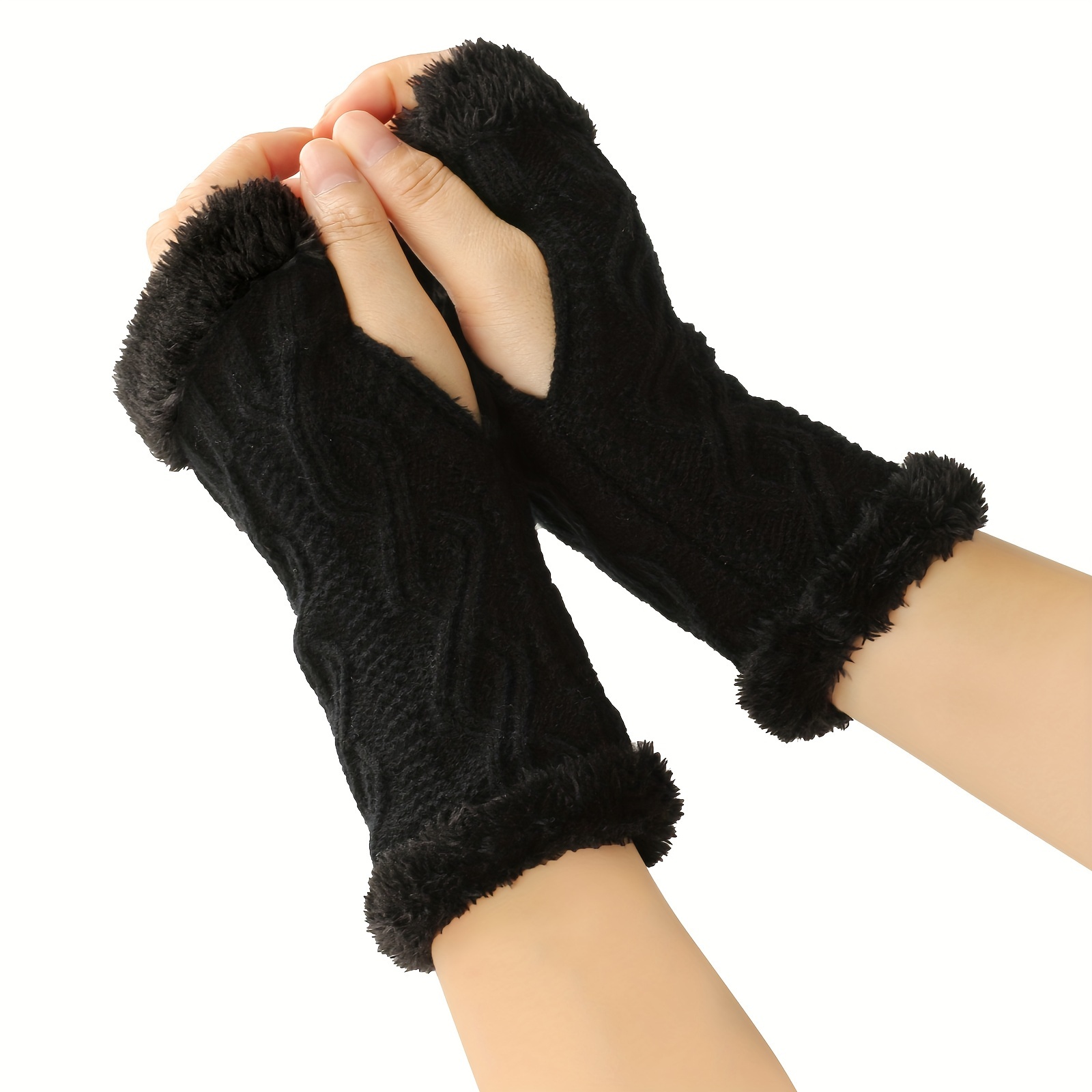 Solid Color Twist Knit Gloves Short Velvet Lined Warm Fingerless Gloves Winter Thick Warm Wrist Cover