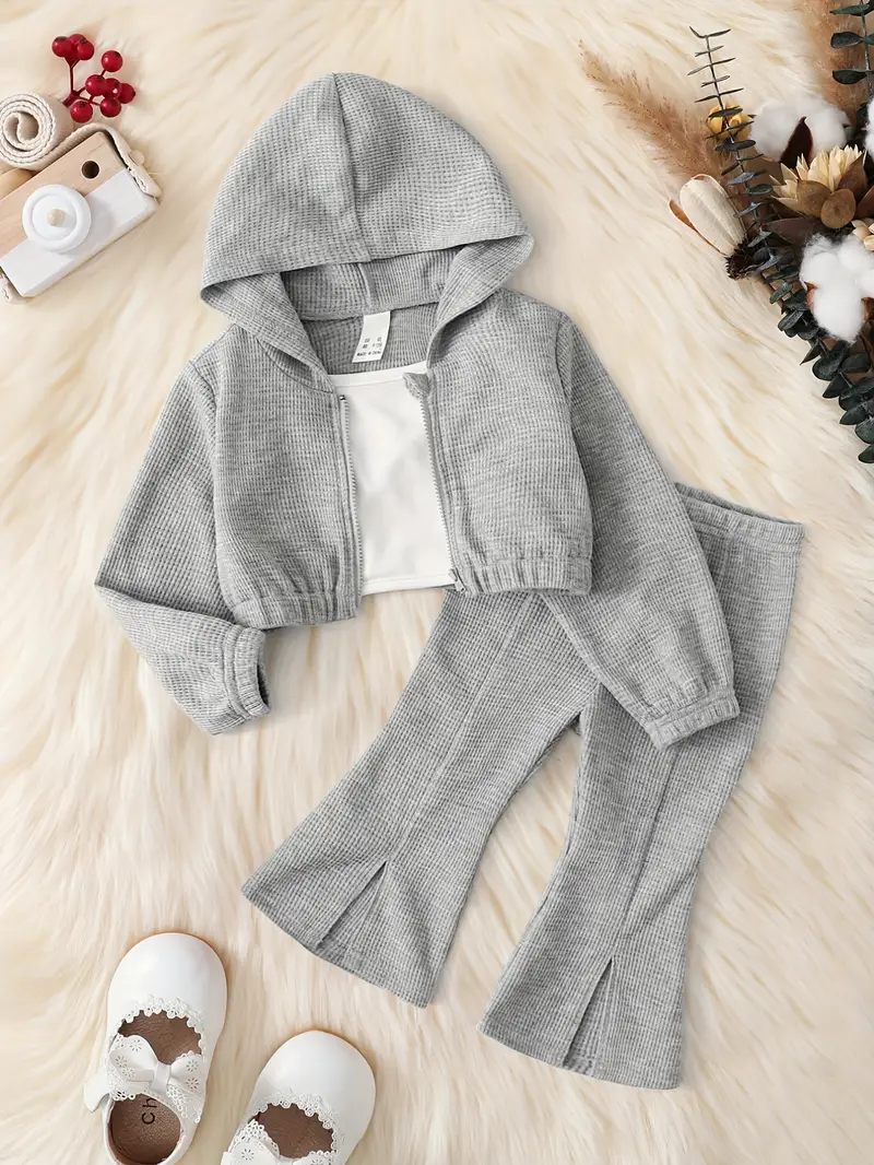 baby girl autumn and winter waffle outfit elastic cuff zipper hooded top elastic waist slit pants set children stylish outfit details 4