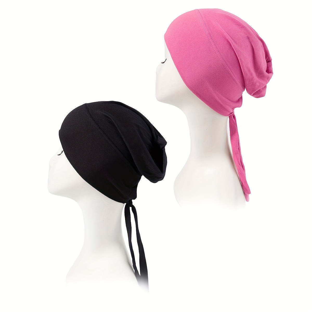 2pcs Lace Up Turban Inner Cap Head Wrap Hijab Underscarf Bonnet Beanie
