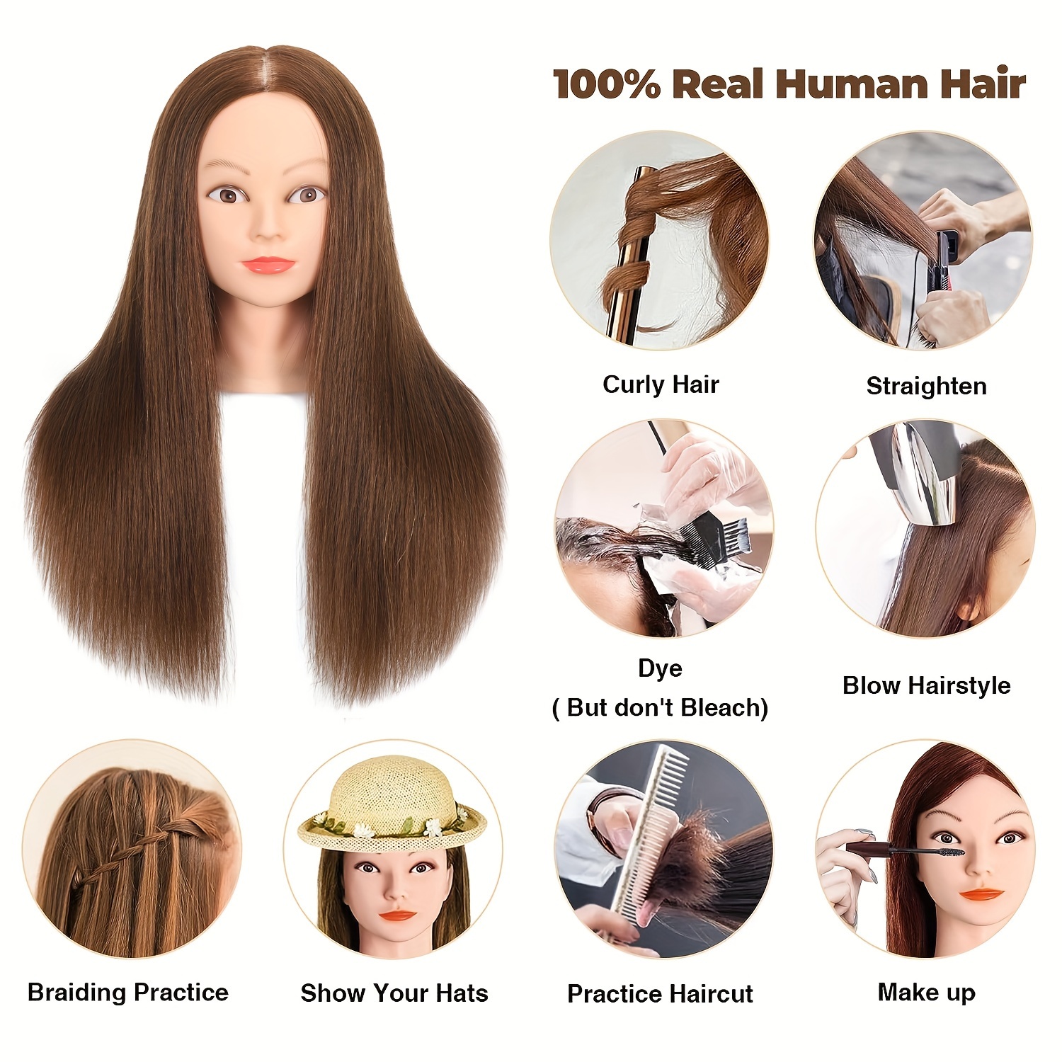 Training head 22 Mannequin Head With 100% Human Hair Hairdressing Training  Head Cosmetology Manikin Head Doll Head With Hair Clamp Holder