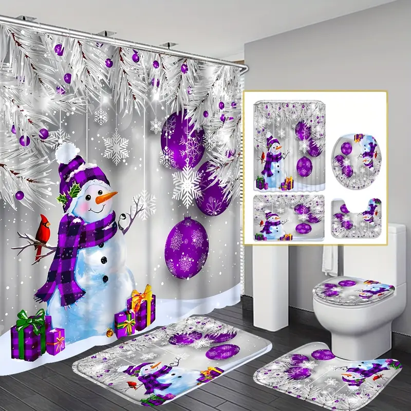 Purple Snowman Shower Curtain Set Decorative Bathroom Temu