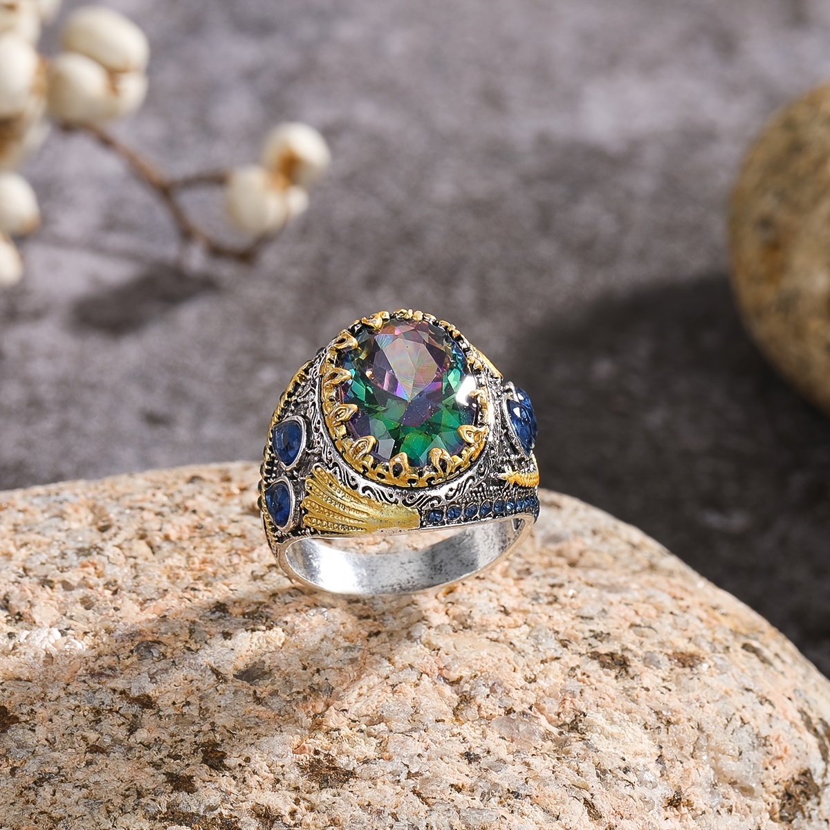 Retro Colorful Round Zircon Ring for Men