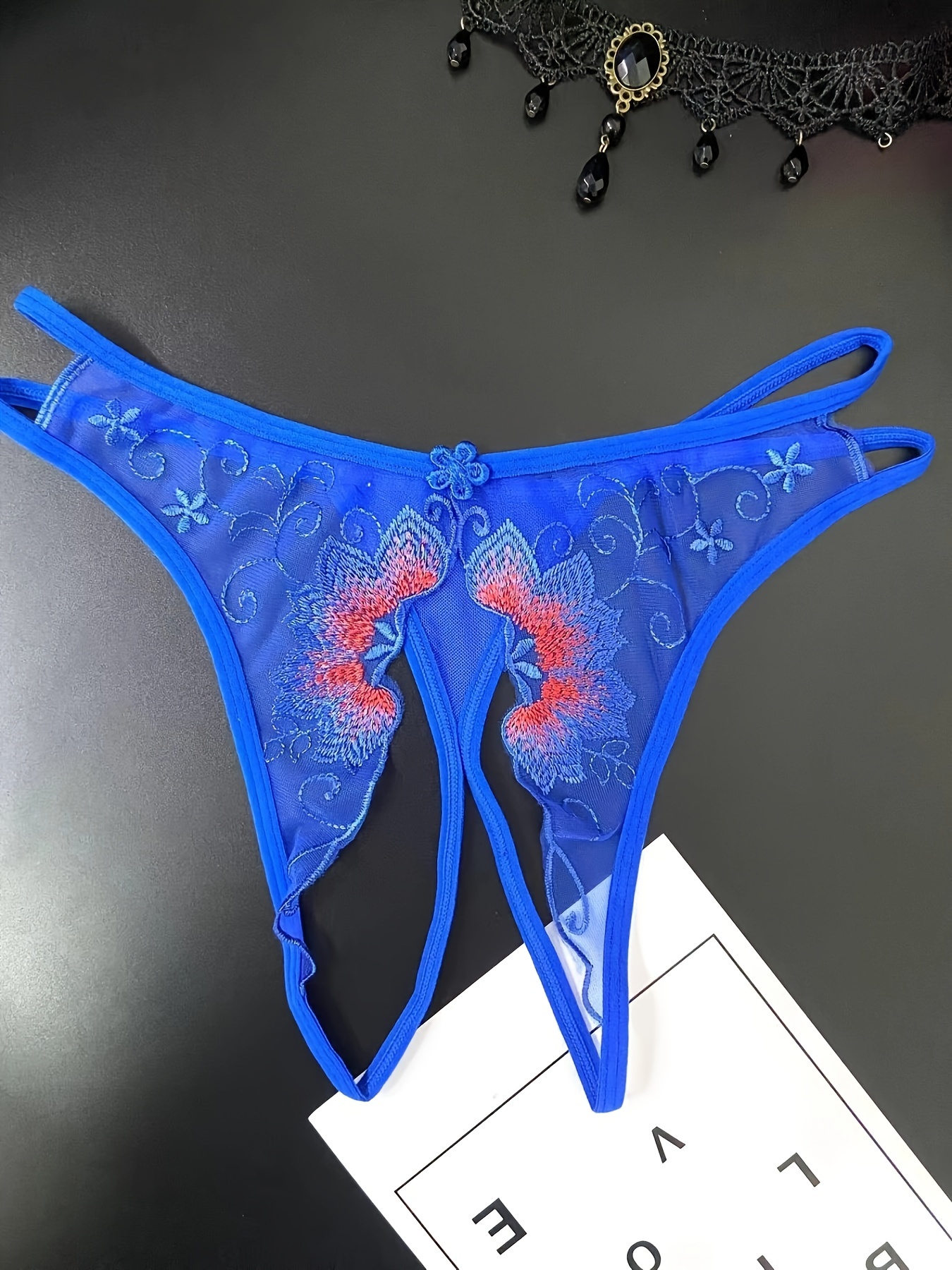 Fashion Women Sexy Lingerie Floral Hollow Lace G-string Open Crotch Briefs  Panties Thongs Underwear Knickers ( Blue )
