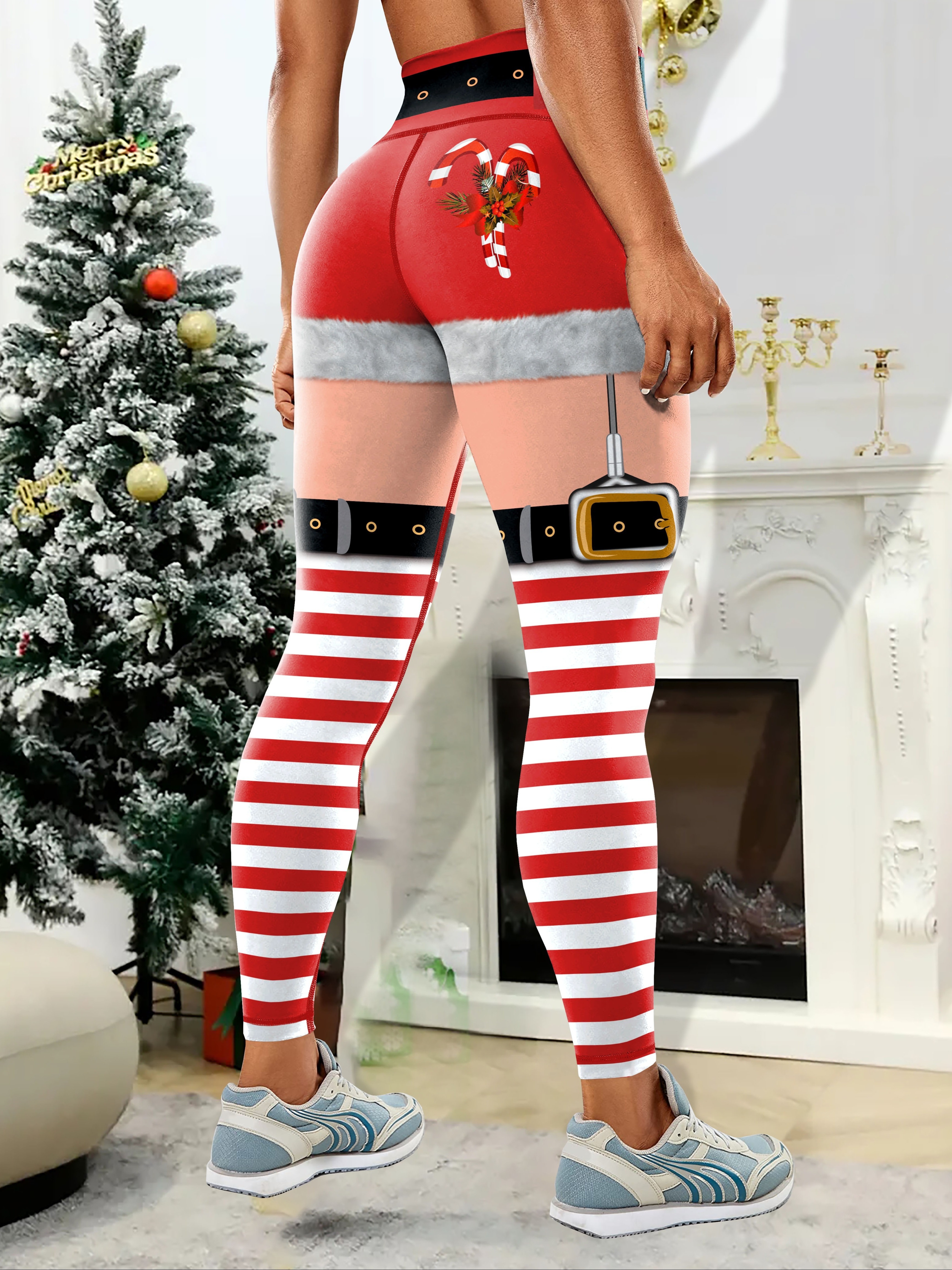 Penkiiy Christmas Thigh High Stockings Women Girls Christmas Leggings  Skinny Jingle Bell Printed High Waist Stretchy Tights Trouser Yoga Pants  White