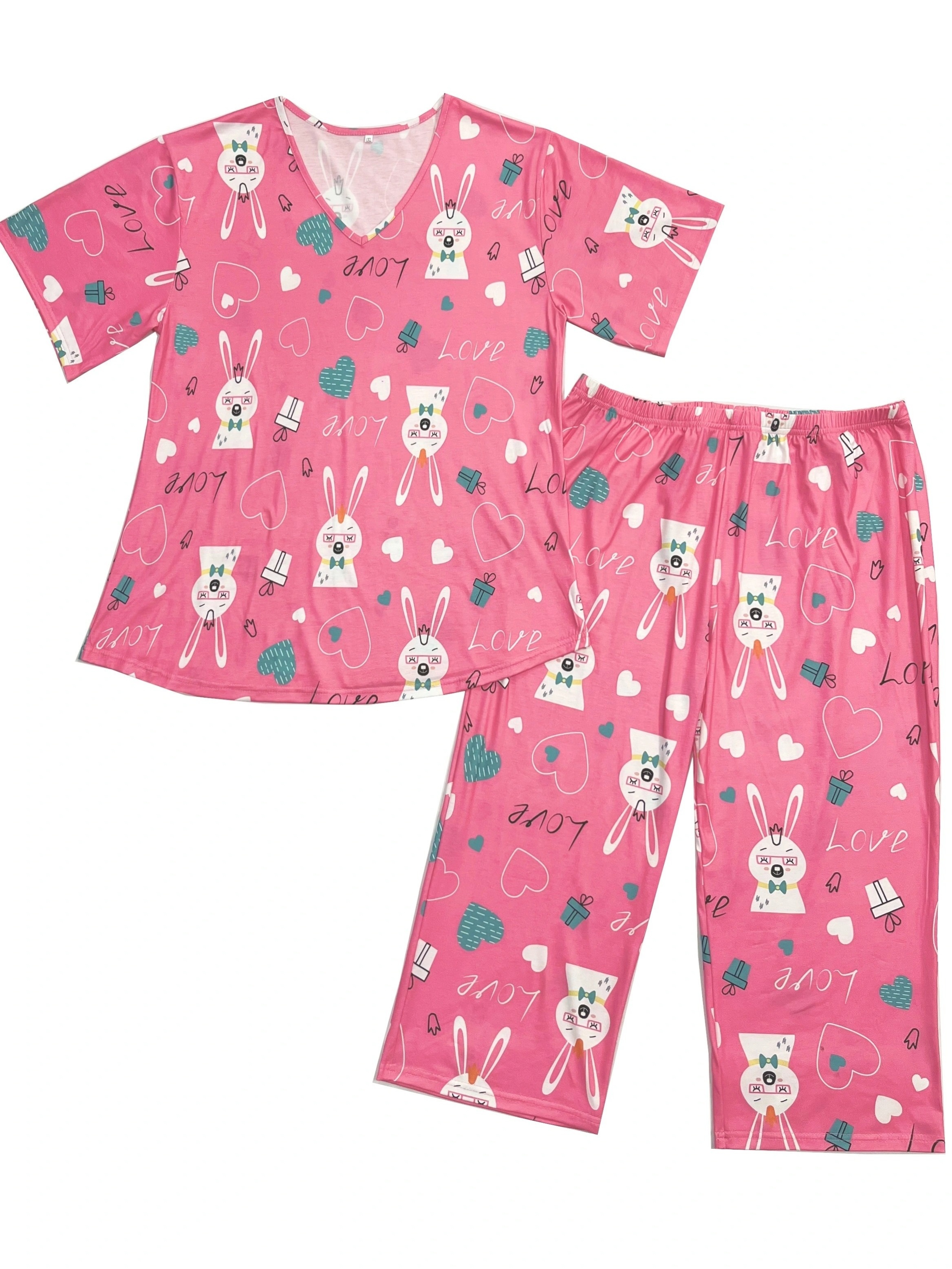 Women's Easter Cute Loungewear Set, Plus Size Rabbit & Heart Print Short  Sleeve V Neck Top & Capri Pants Pajamas 2 Piece Set