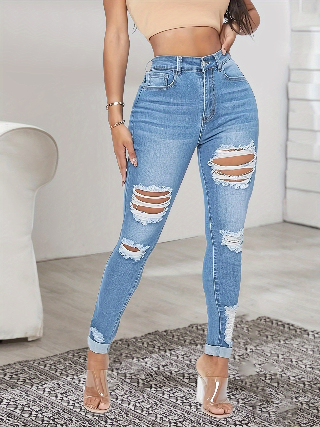 Blue Ripped Stretchy Skinny Fit Jeans Distressed Slash - Temu South Africa