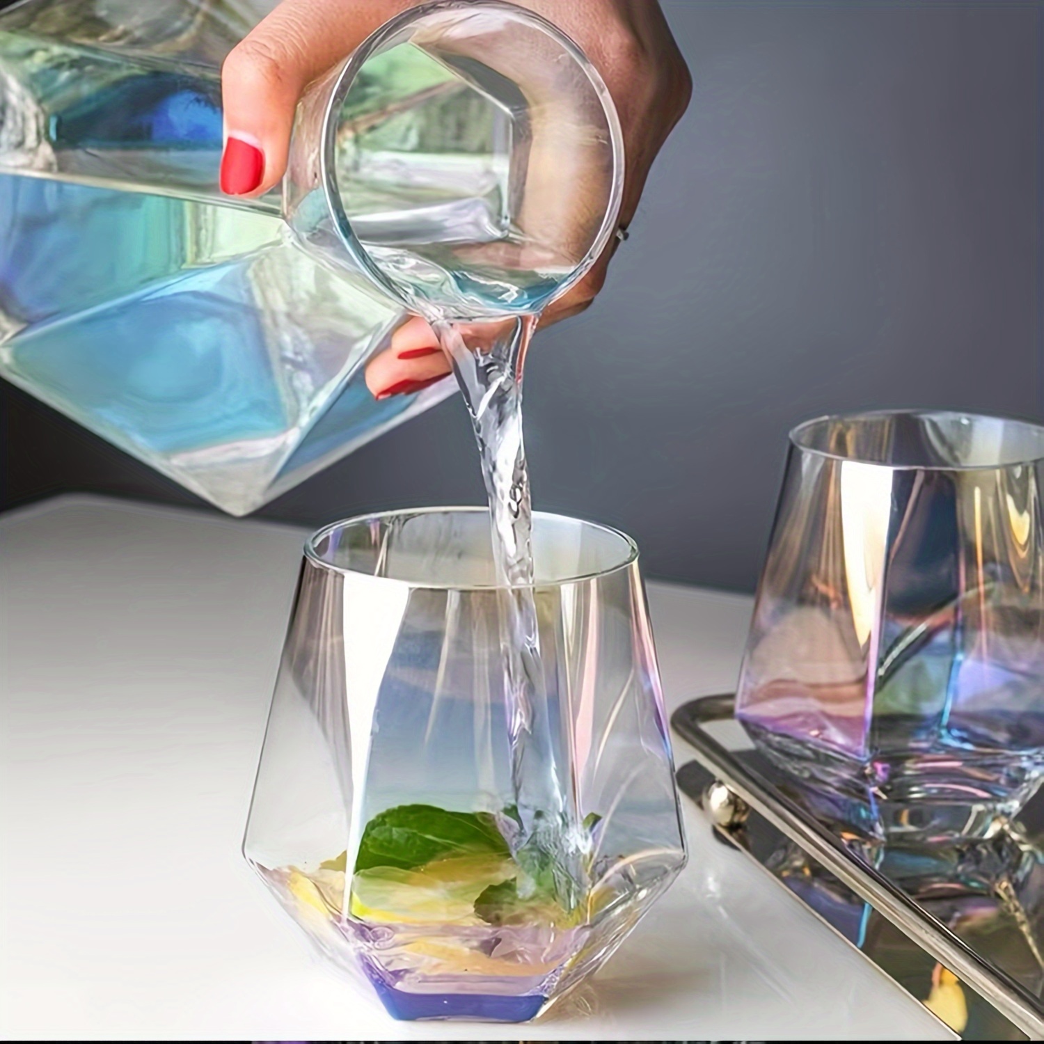 Iridescent Hexagonal Stemless Cocktail Glass Set