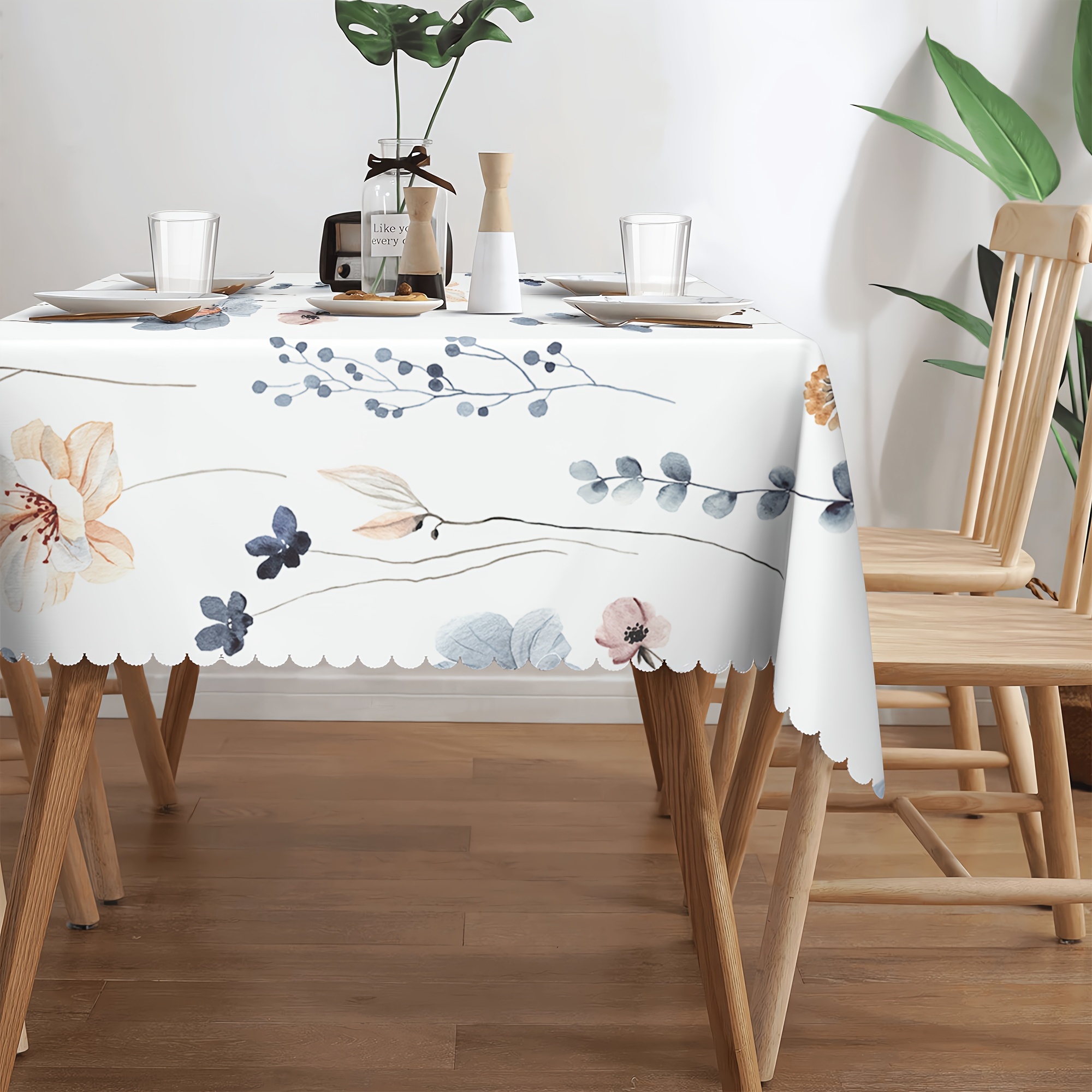 

1pc Spring Printed Tablecloth, Flowers Moon Patterned Tablecloth, Edge Embossed Craft, Stain Resistant, Waterproof, No Pleated, Home Kitchen Dining Table Cover, Indoor And Outdoor Use, Home Decor