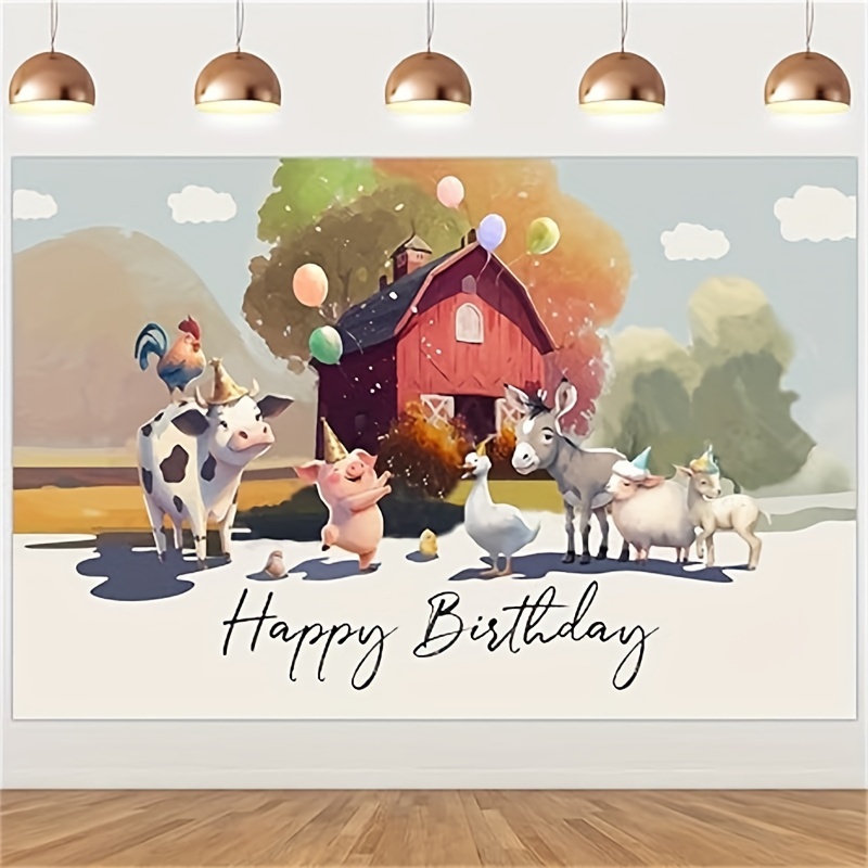 Décoration de gâteau d'anniversaire de la ferme « Happy Birthday » - Vache  grange, cochon rose