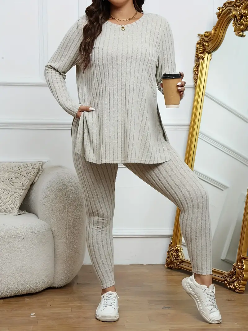 Plus Size Casual Outfits Set Women's Plus Solid Ribbed Long - Temu