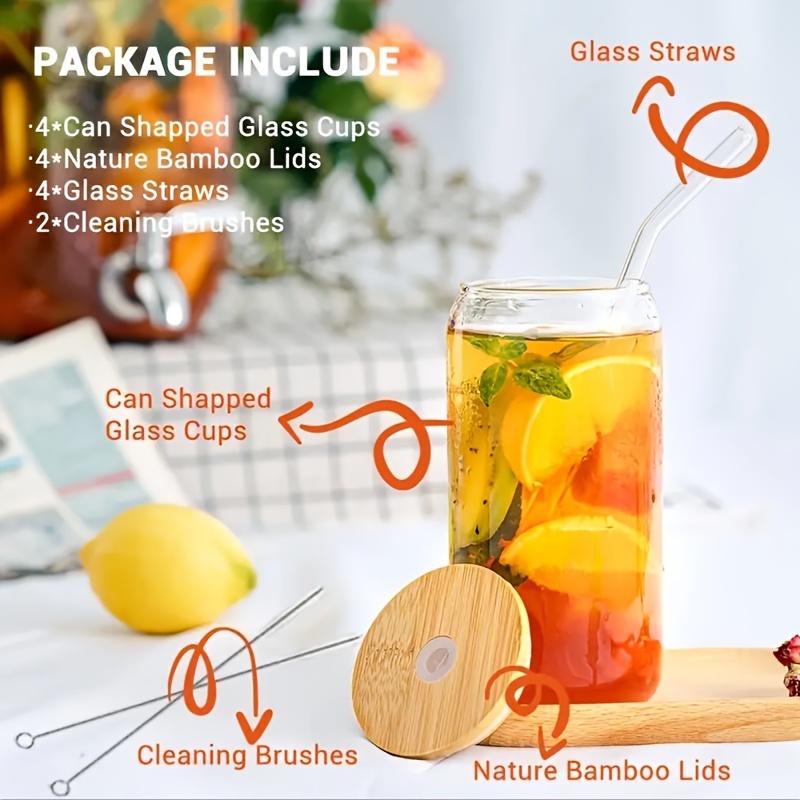 Drinking Glasses with Bamboo Lids and Glass Straw 4pcs Set - 16oz Can  Shaped Glass Cups, Beer Glasses, Iced Coffee Glasses, Cute Tumbler Cup,  Ideal for Cocktail, Whiskey, Gift - 2 Cleaning