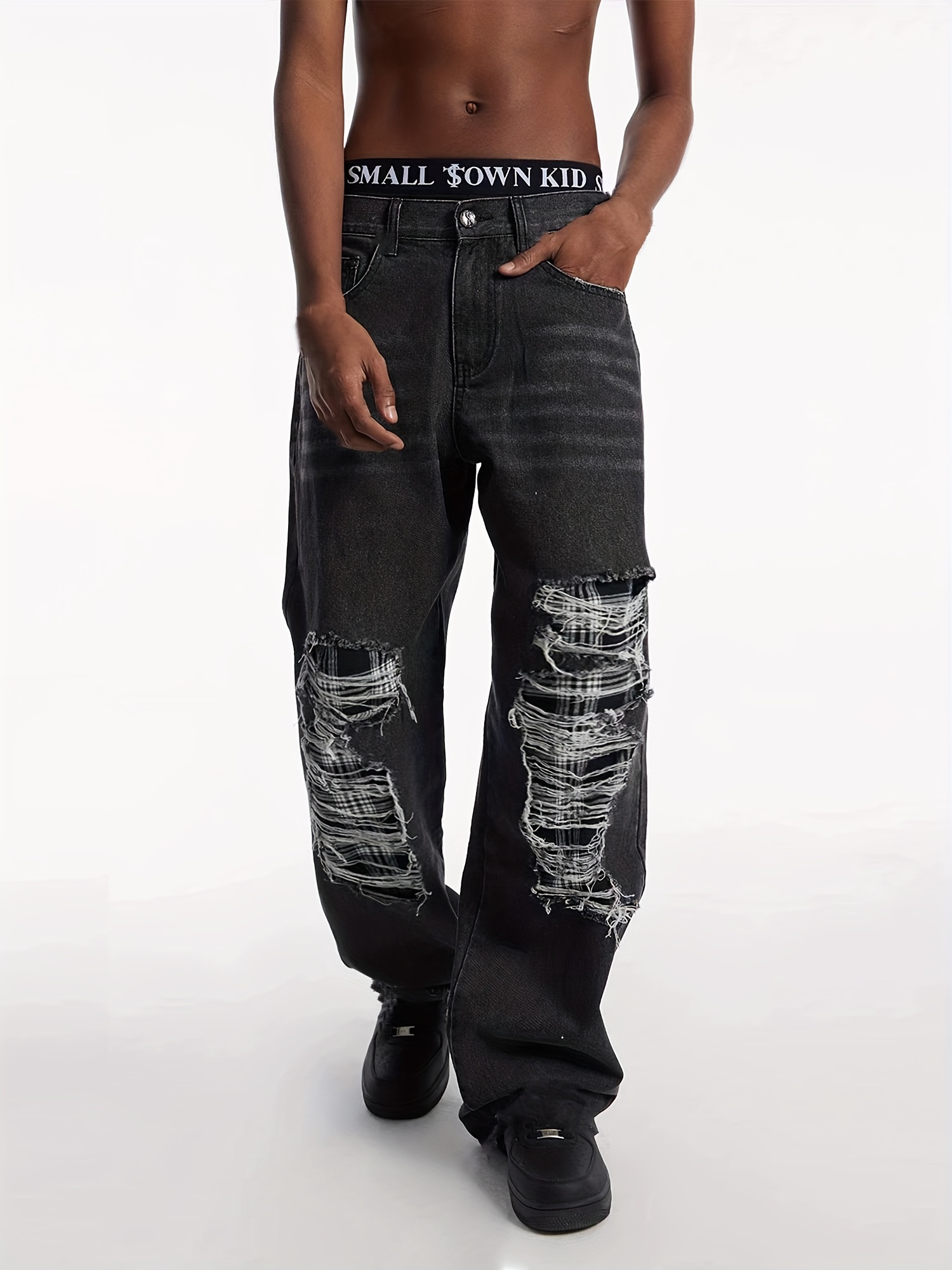Y2k Men's Cross Pattern Baggy Jeans, Casual Street Style Loose Fit Jeans