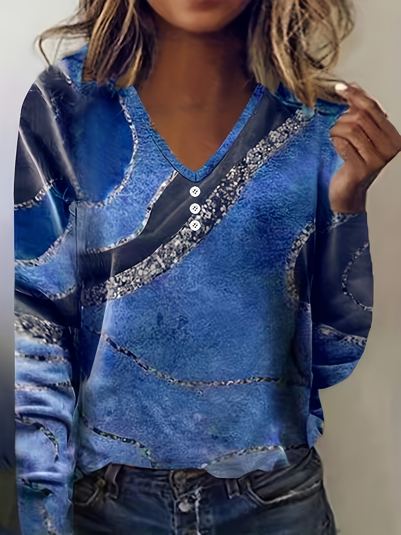 allover print v neck button t shirt casual long sleeve t shirt for spring fall womens clothing royal blue 0