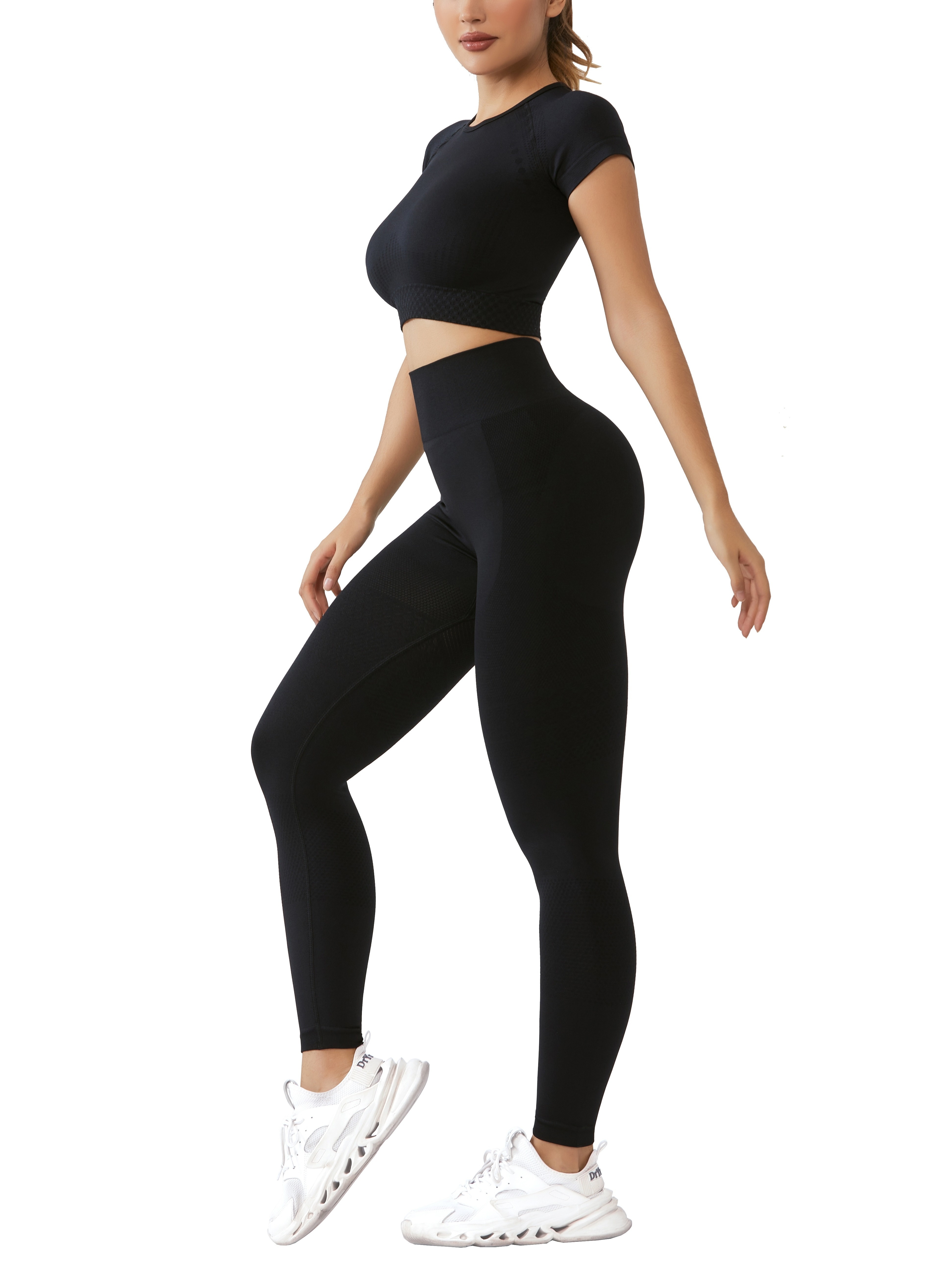 2pcs Sports Set, Short Sleeve Yoga Top & High Waist Running Workout  Leggings, Women's Activewear