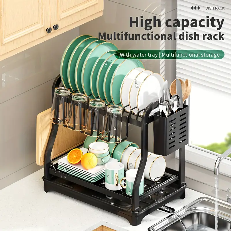 1pc Dish Racks, Dish Drying Rack, 2 Tier Dish Rack For Kitchen Counter,  Rust-Resistant Kitchen Drying Rack Dish Drainers With Drainboard, Utensil  Hold
