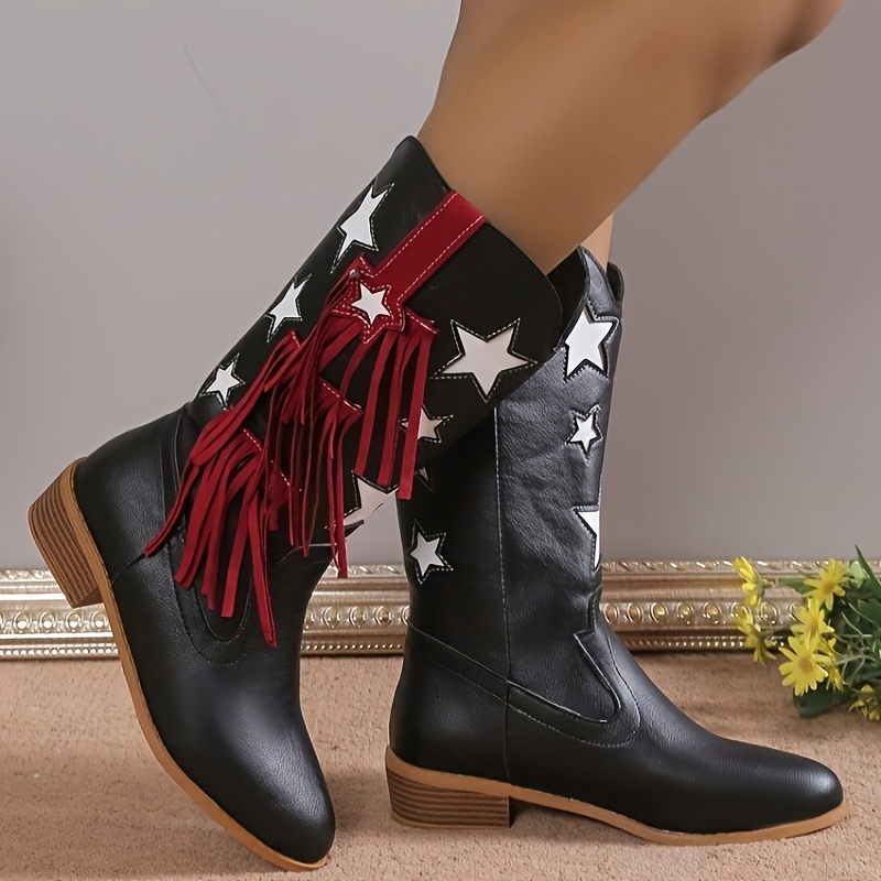 Pointed Toe Transparent Chunky Heels Knee High Cowboy Boots - Black