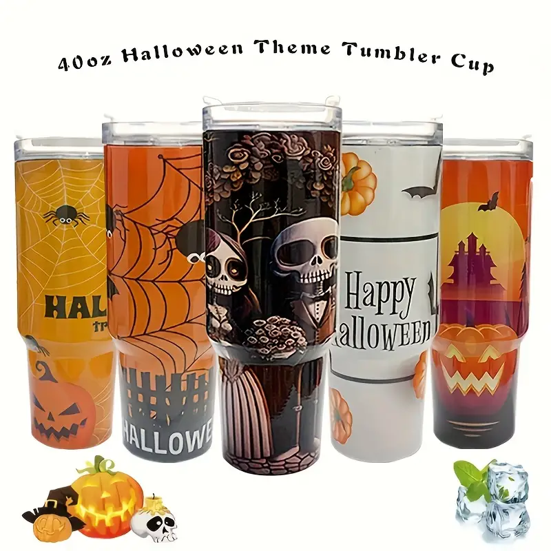 Halloween Theme Tumbler Cup With Handle And Straw Lid Double - Temu