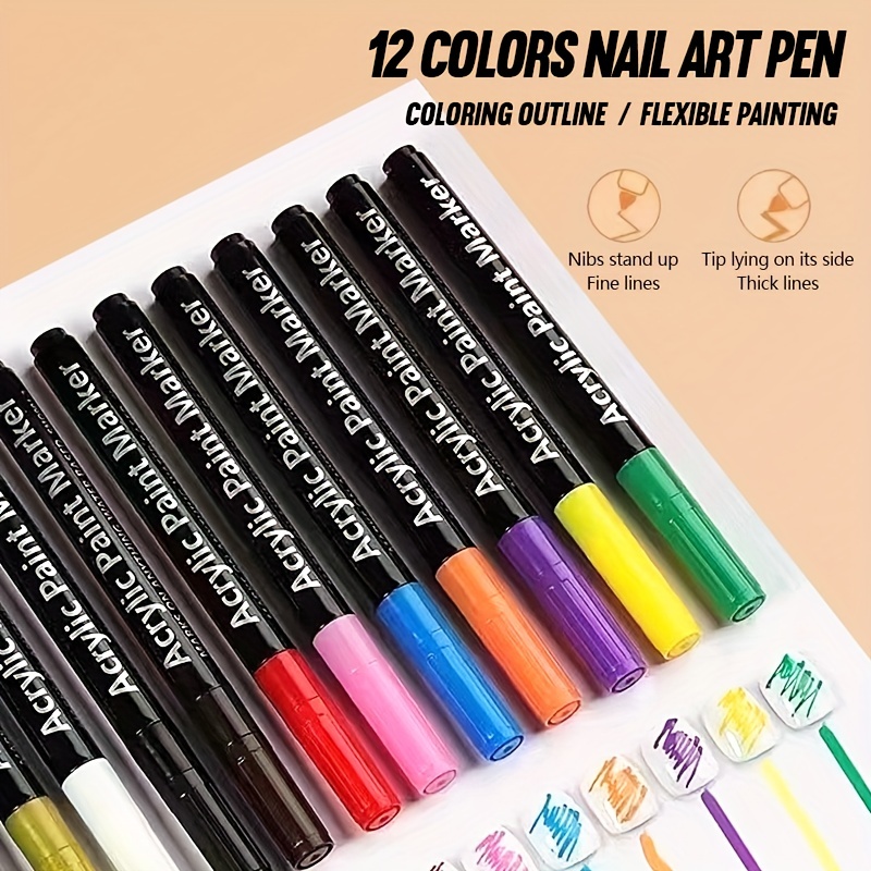 Nail Pens, 12 Colors Acrylic Pens Fine Tip Nail Pens for 3D Nail