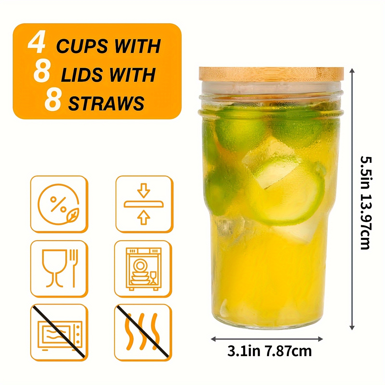  Glass Cups 16oz,Glass Cups with Lids and Straws 4pcs