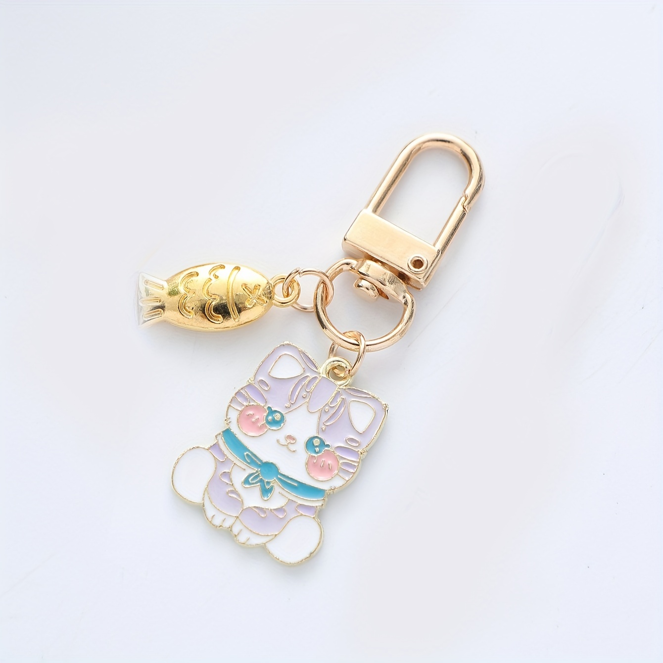 Cat Eating Fish Stainless Steel Key Ring for Men, Cute Cartoon Cat Ornaments Key Chain,Temu