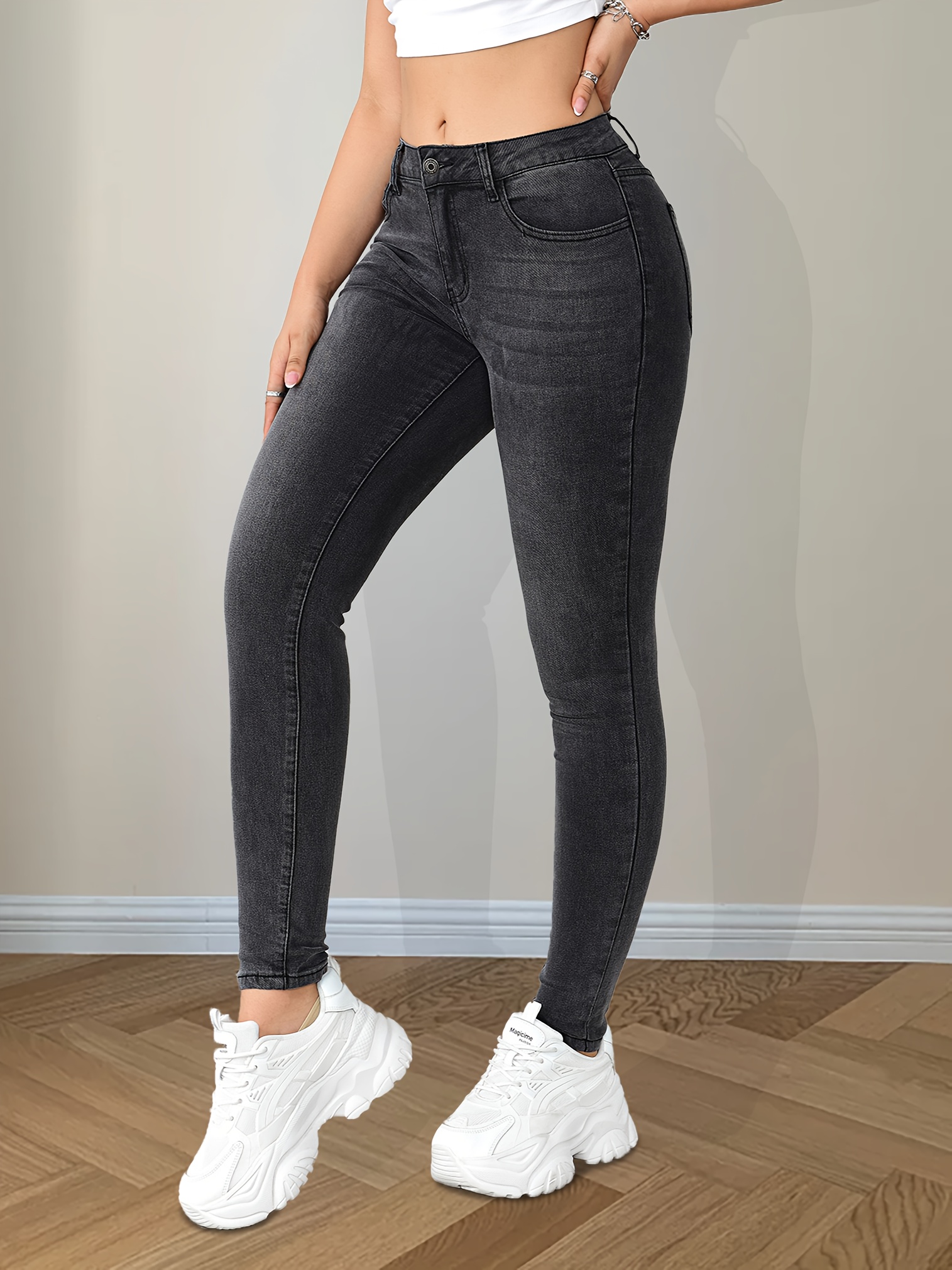 Black High Stretch Skinny Jeans Slim Fit Slant Pockets - Temu