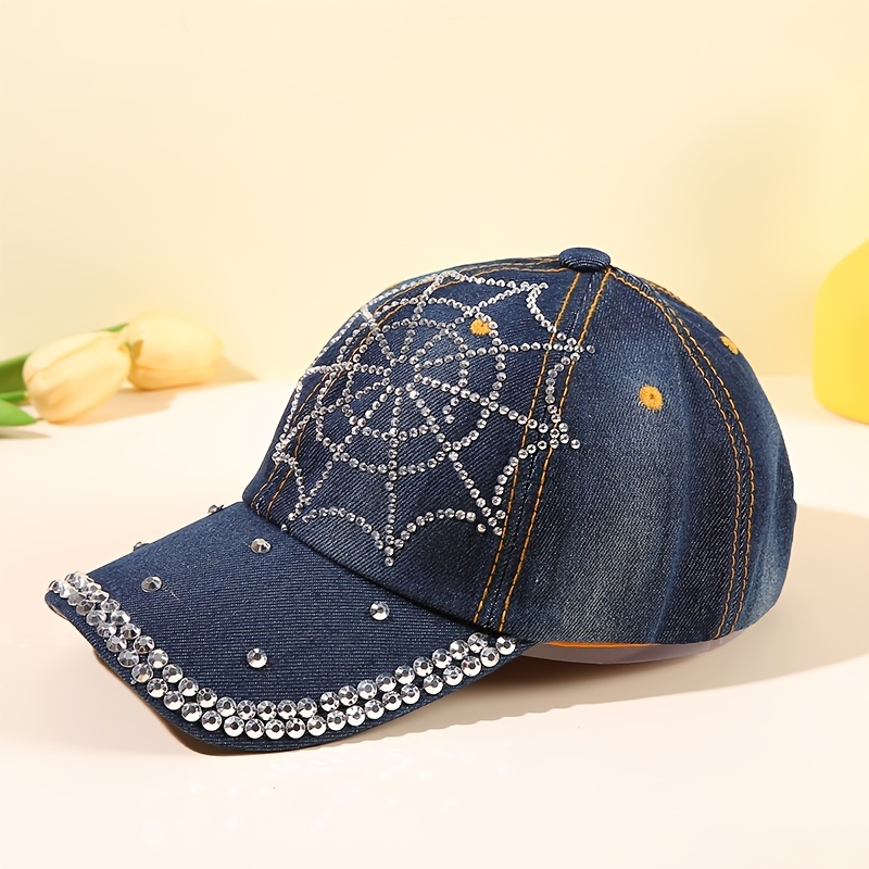 Rhinestone Spider Web Baseball Cap Blue Denim Washed Hip Hop Sun Hat Y2K  Trendy Dad Hats For Women