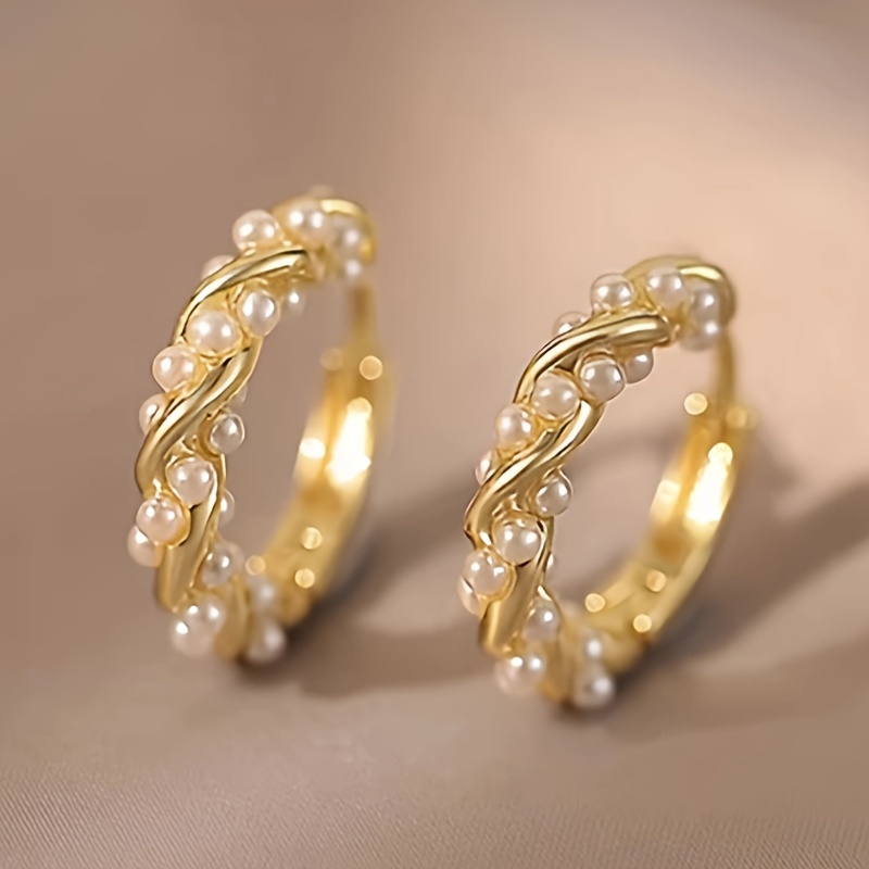 

Delicate Hoop Earrings Twisted With Imitation Pearl Copper Jewelry Elegant Simple Style For Women Daily Party Ear Decor