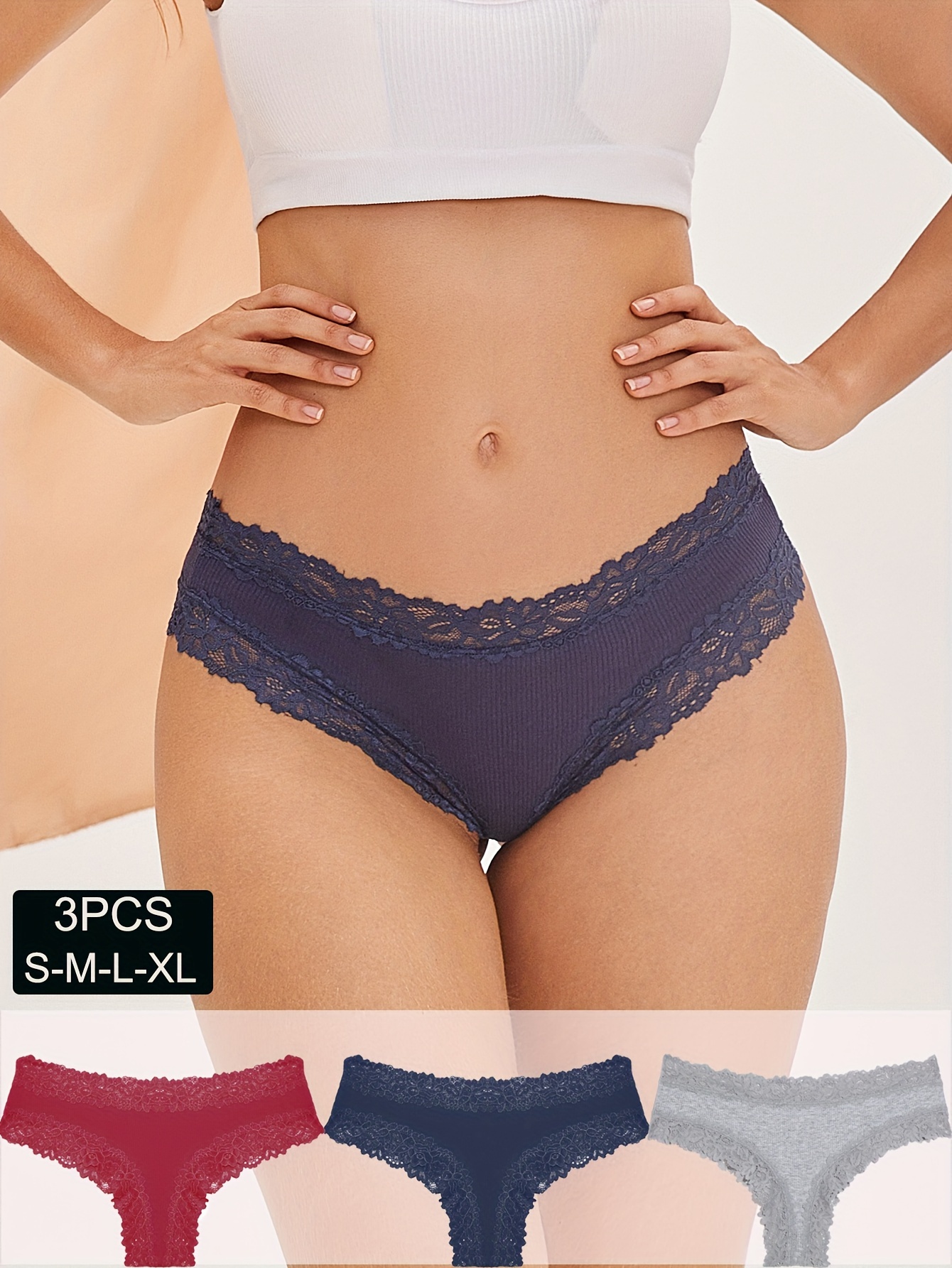 3pcs Lace Stitching Thongs, Soft & Comfy Ribbed Intimates Panties, Women's  Lingerie & Underwear