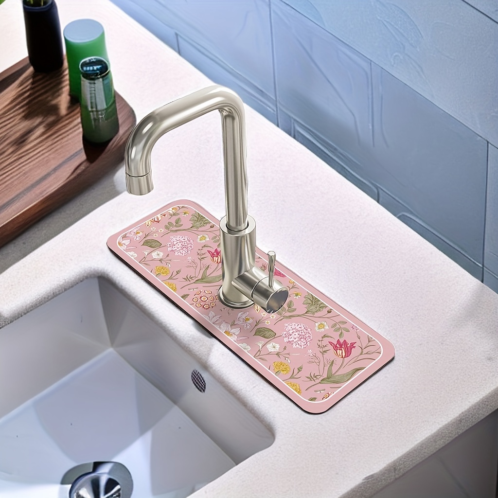 Floral Sink Faucet Absorbent Mat, Drainage Pad, Kitchen, Bathroom Sink Pad,  Countertop Drain Pad, Diatomaceous Washbasin Mud, Cuttable Quick Drying Pad  - Temu