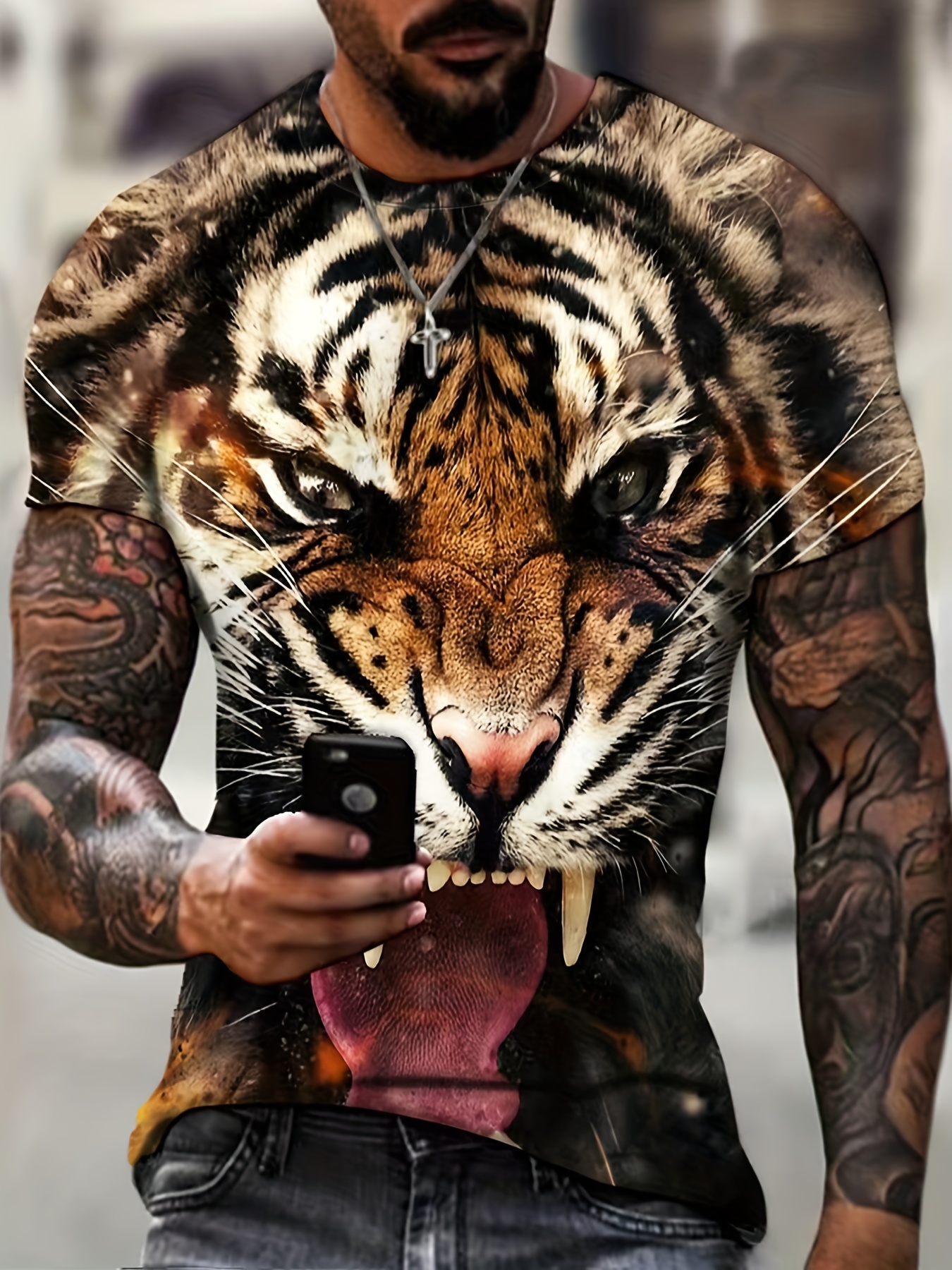 Men's Tiger 3D Print T-Shirt, Blouses for Summer, Casual Stretch Novelty Tees, 5.99, Matcha Color, M,Temu