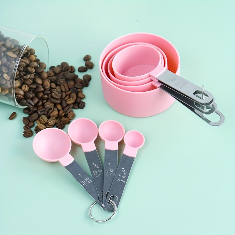 8 Pcs/set Measuring Cup Spoon Set Stainless Steel Handle Plastic Measuring  Cup Cooking Baking Tool, Pink 